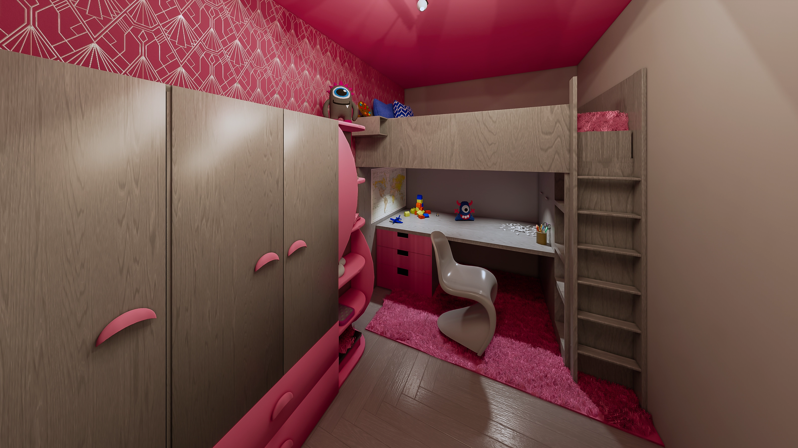 Rendering of a children's room with a pink/red color scheme, a loft bed with a desk underneath, and a wardrobe.