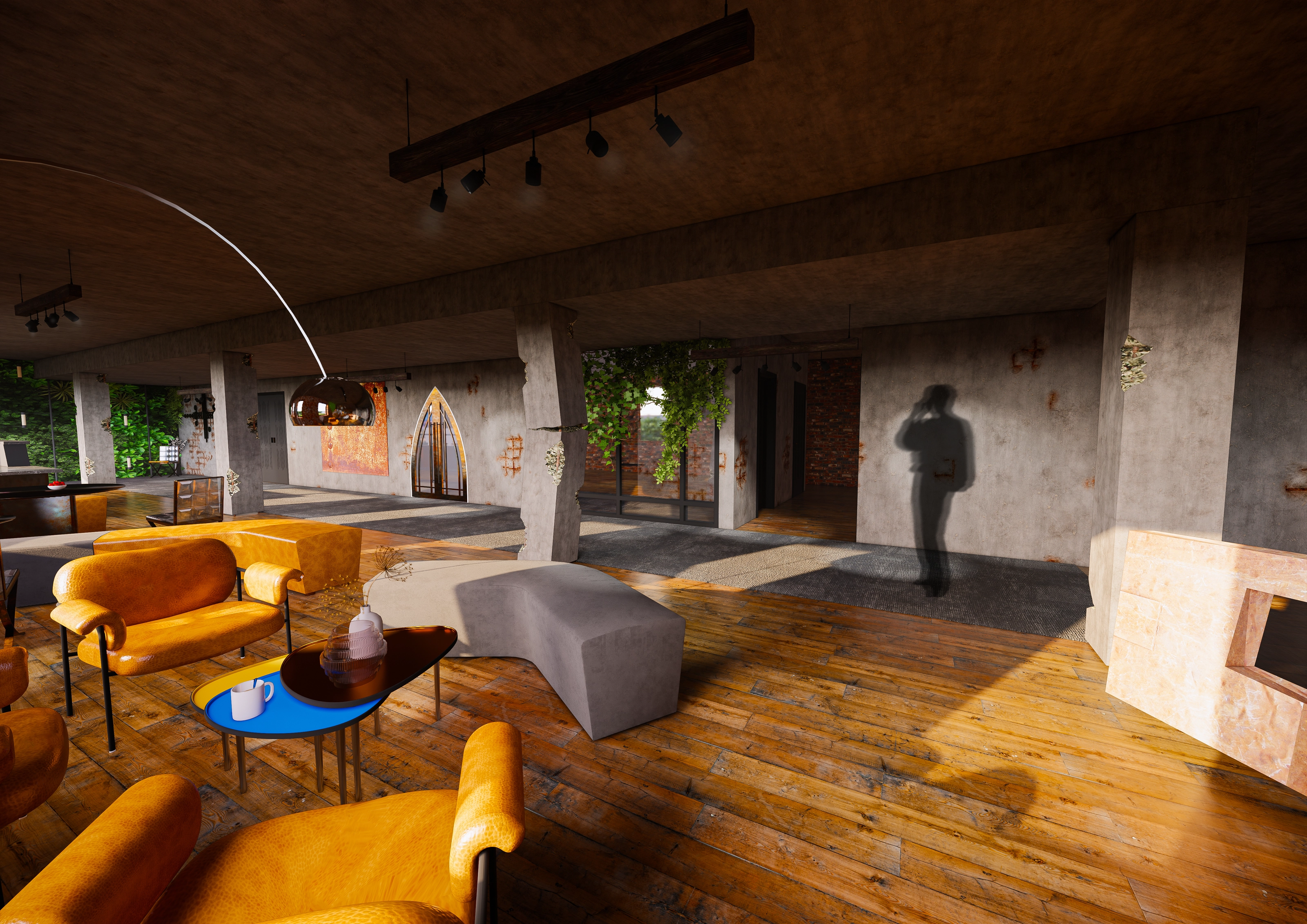 Rendering of a lounge area with exposed concrete, ivy-covered pillars, and orange leather furniture.