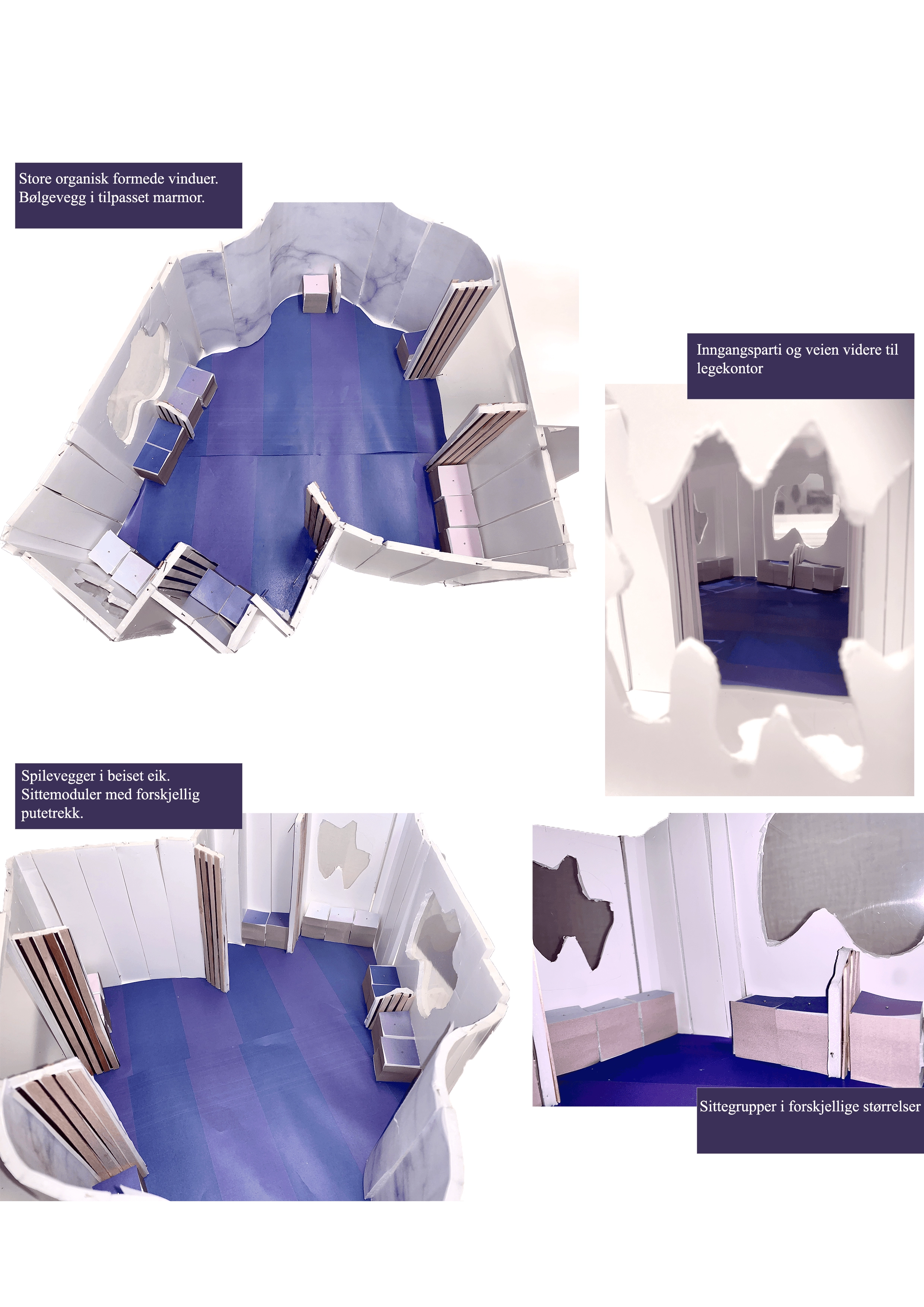 Physical model study of a waiting room with wave-shaped walls in custom marble, stained oak slat walls, and seating modules.
