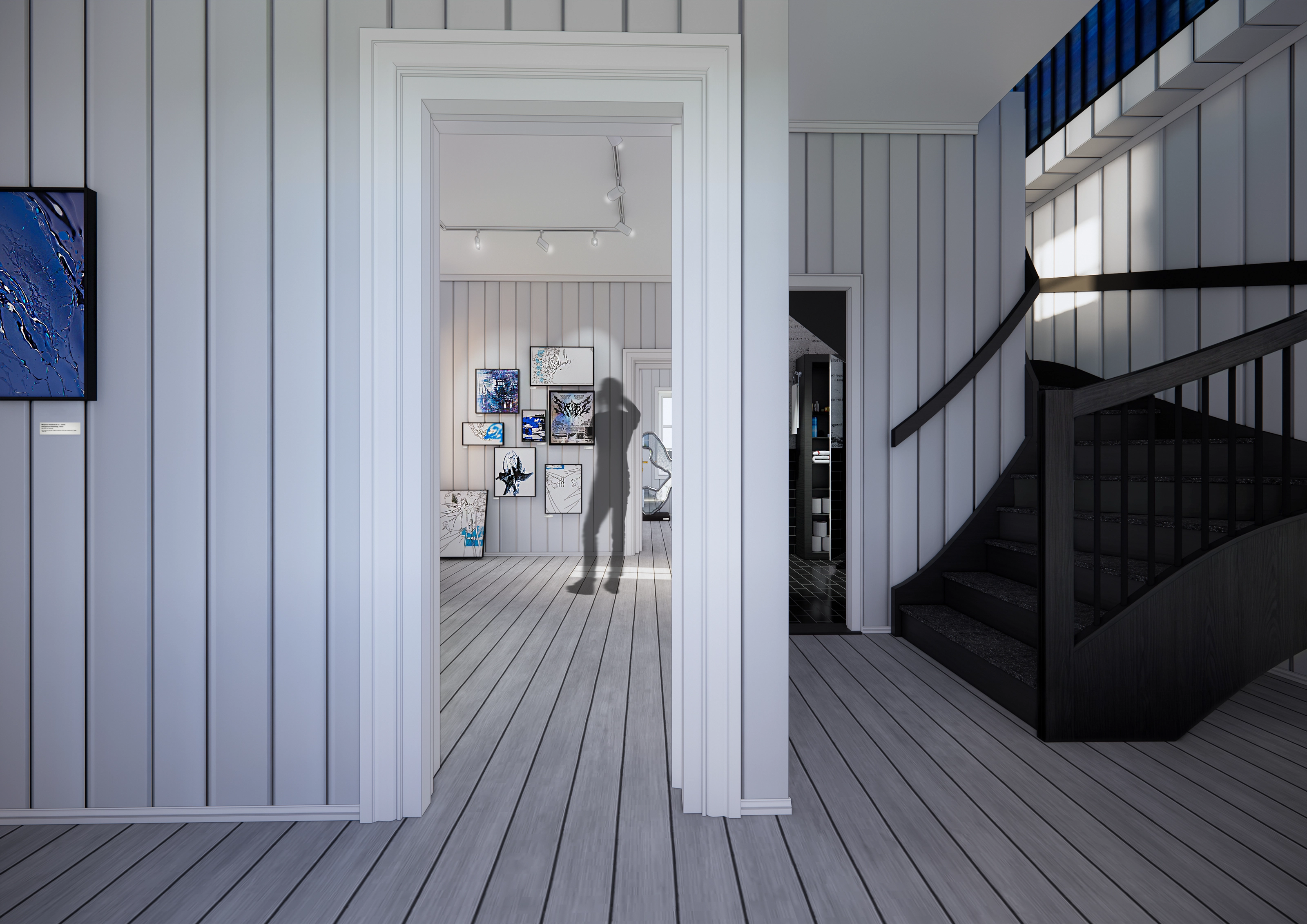 Rendering of a gallery corridor with framed artwork, seen through a doorway with a black spiral staircase to the right.