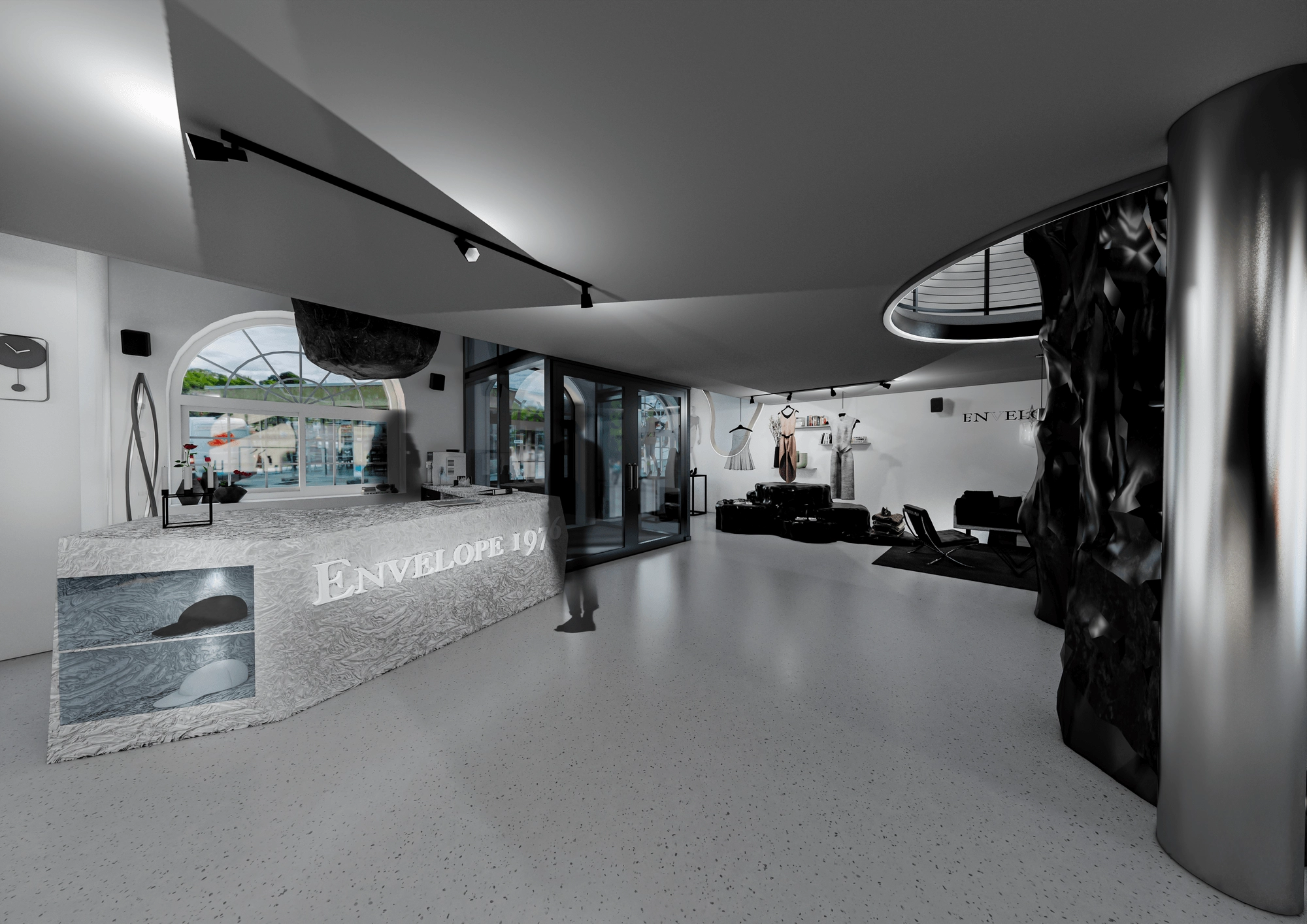 Rendering of a store interior with a mannequin in a purple outfit by an arched window and a sculptural pendant light.