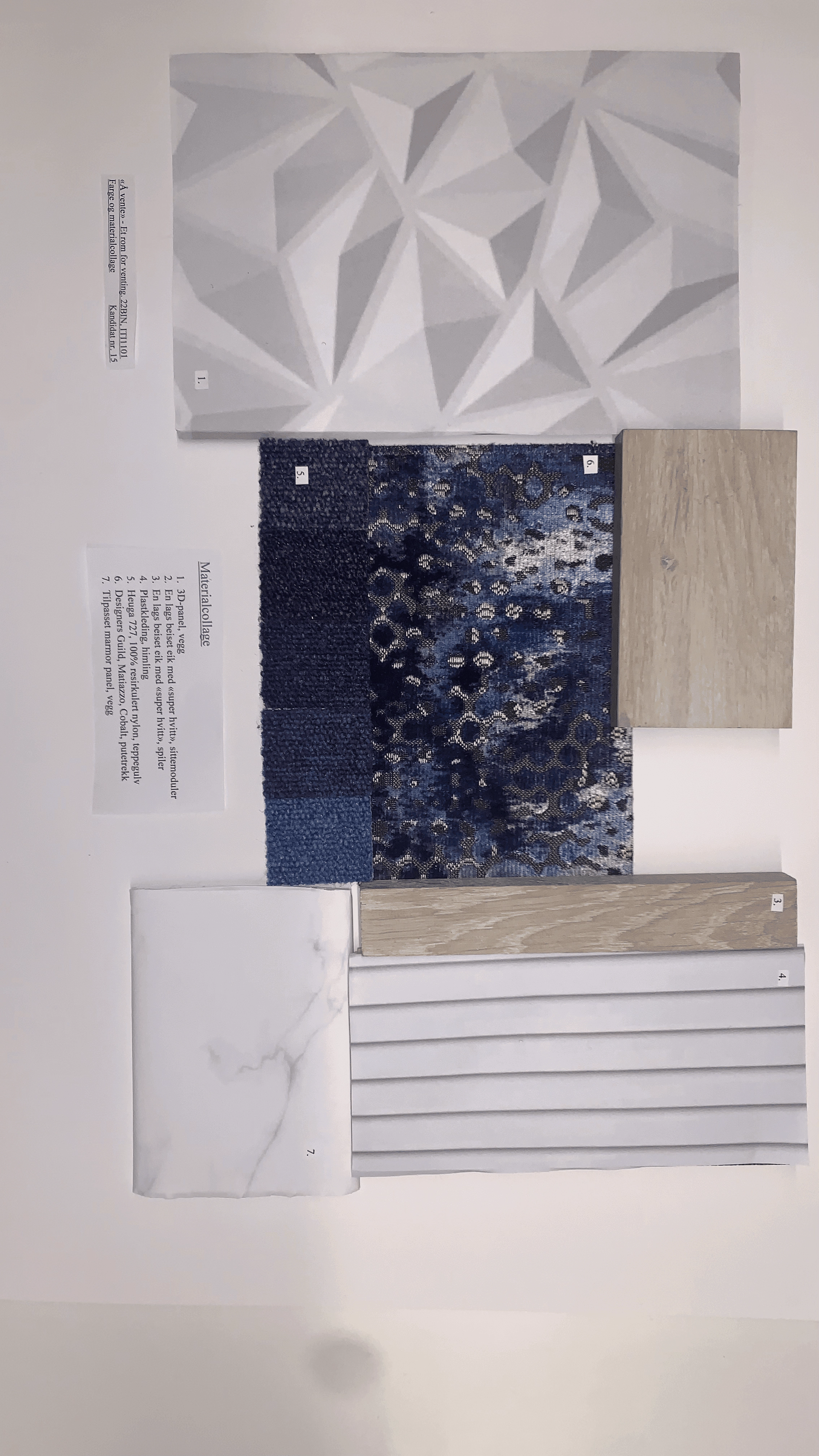 Materials collage with panels, fabric swatches, and wood samples used in the waiting-room concept.