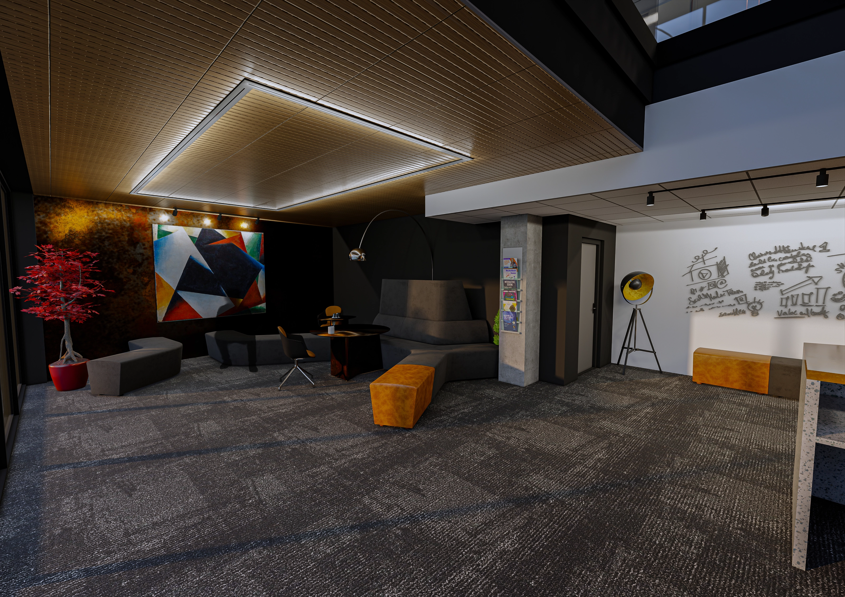 Rendering of a lounge corner with a Kliun-inspired geometric painting on a rusted accent wall, a dark sofa, an orange leather pouf, and a sketch wall with sticky notes to the right.