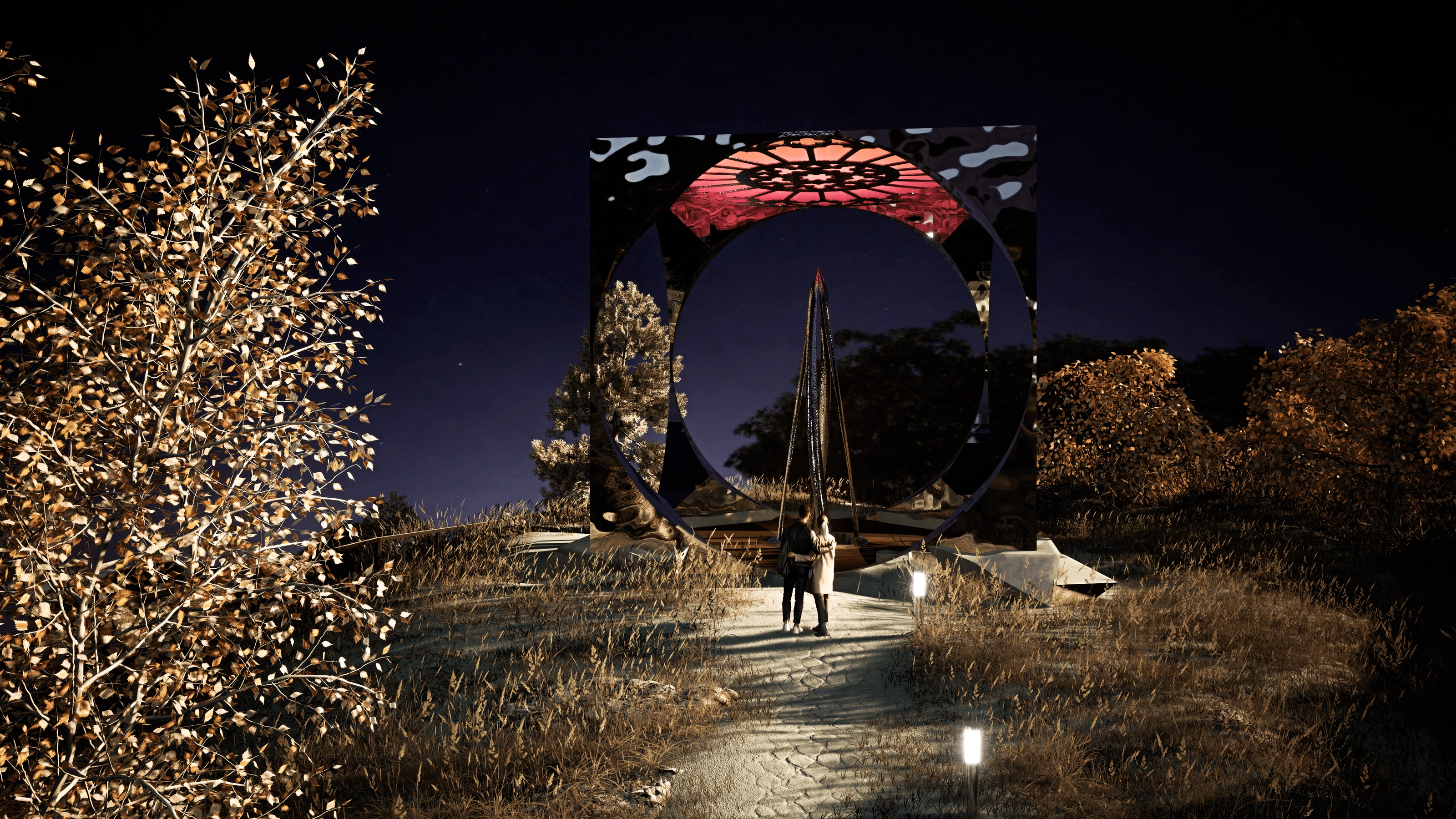 Night rendering of the same ring-shaped pavilion, lit from within, with a couple walking toward it on a stone path.