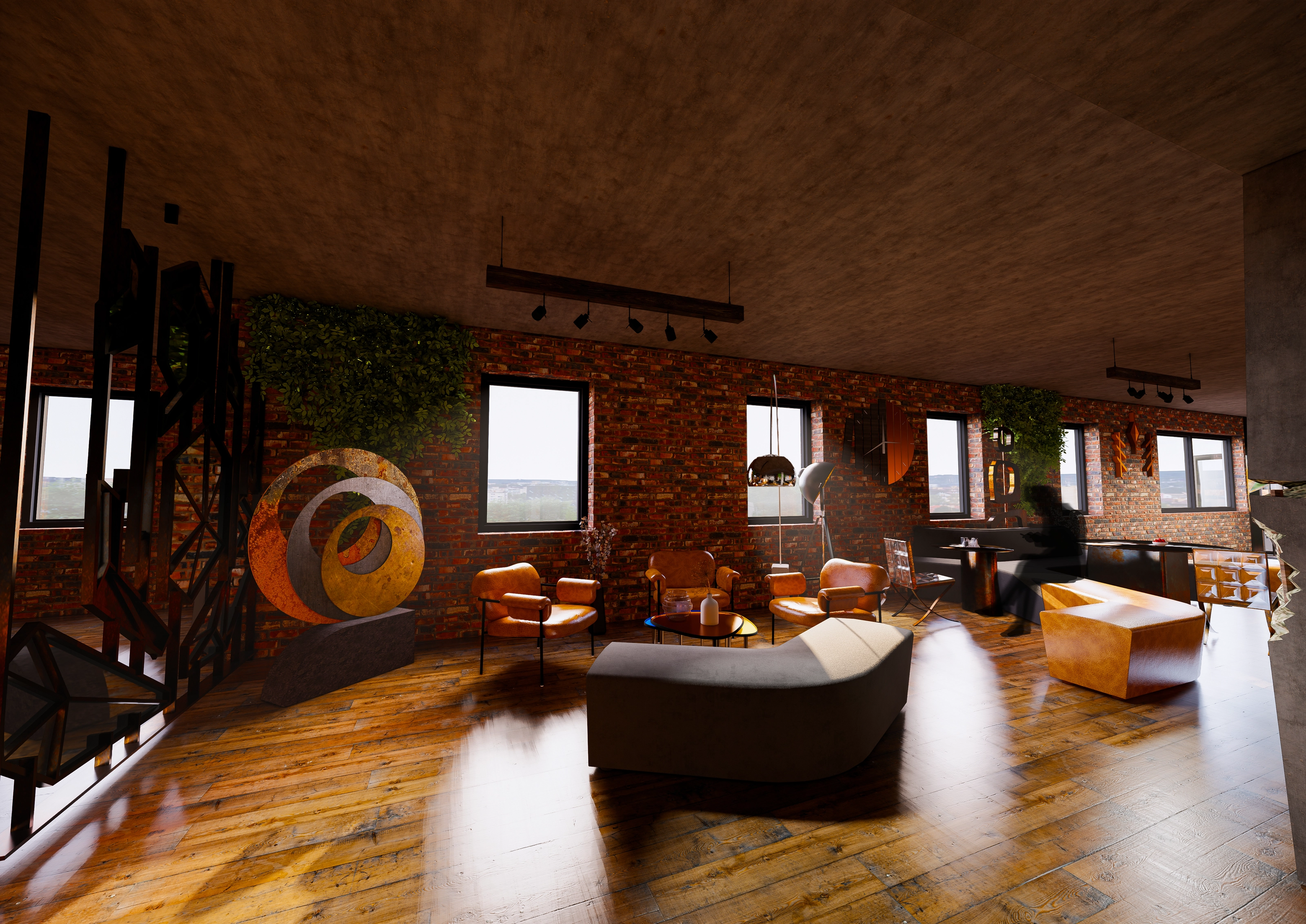 Rendering of a lounge with a red brick wall, large windows, and a circular sculpture made from reused materials.
