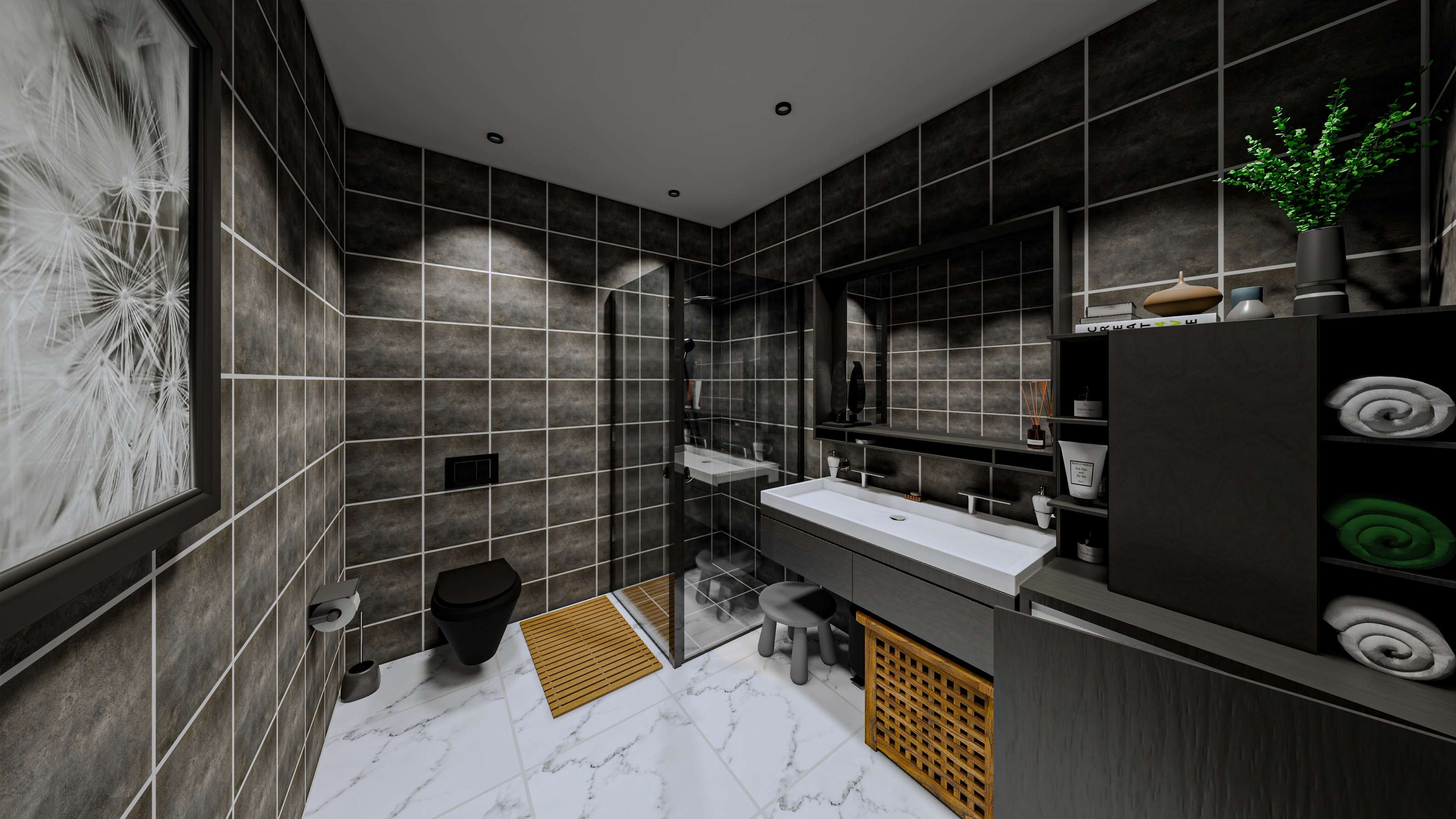 Rendering of the bathroom, with dark tile, a marble floor, a glass shower corner, and a countertop with a white basin.