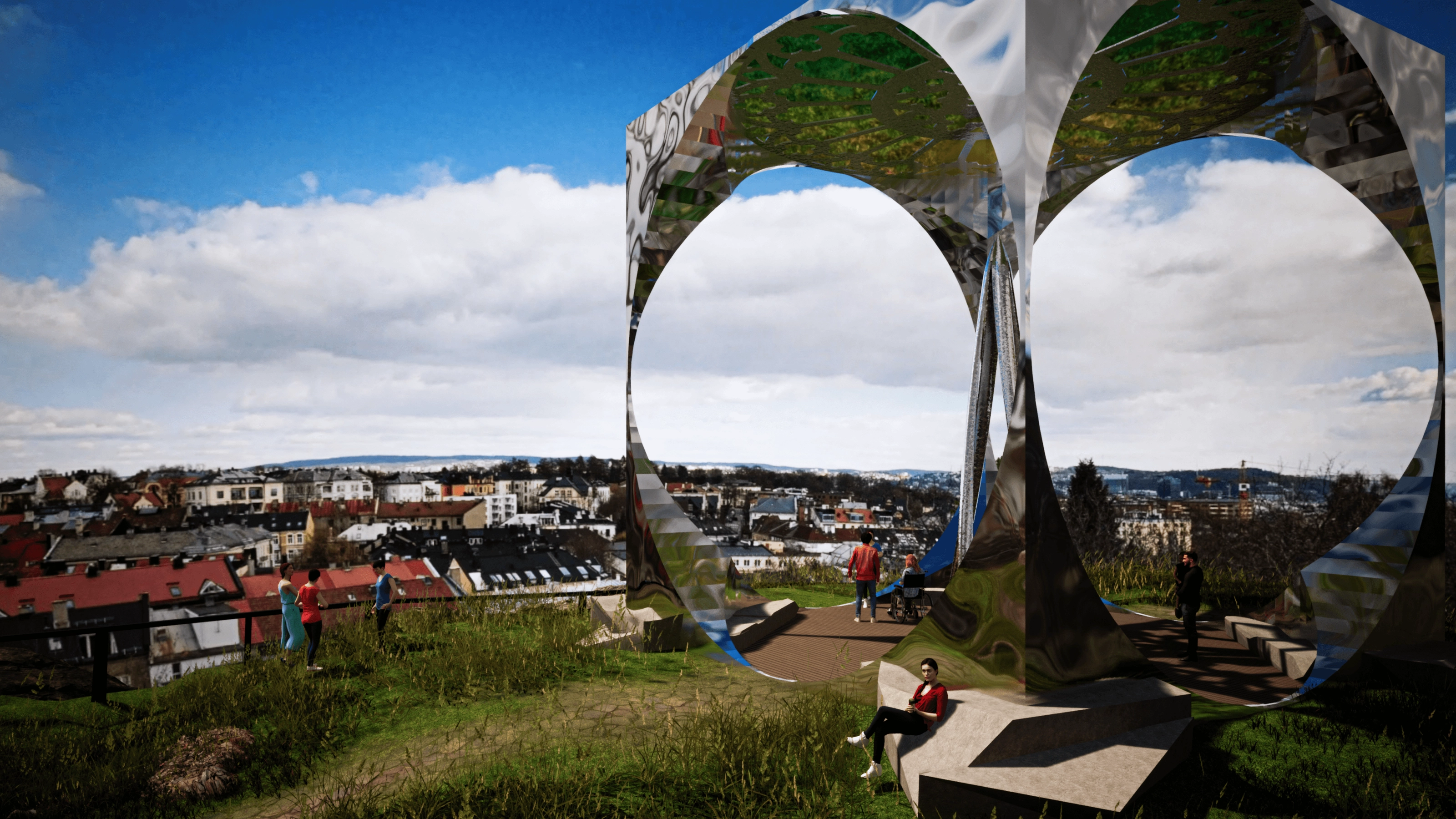 Daytime rendering of the portal sculpture under an overcast sky, with children playing around it — a girl sitting reading, two boys holding hands, and a boy balancing with arms raised amid birds and butterflies, while a family sits embracing on a bench to the right.