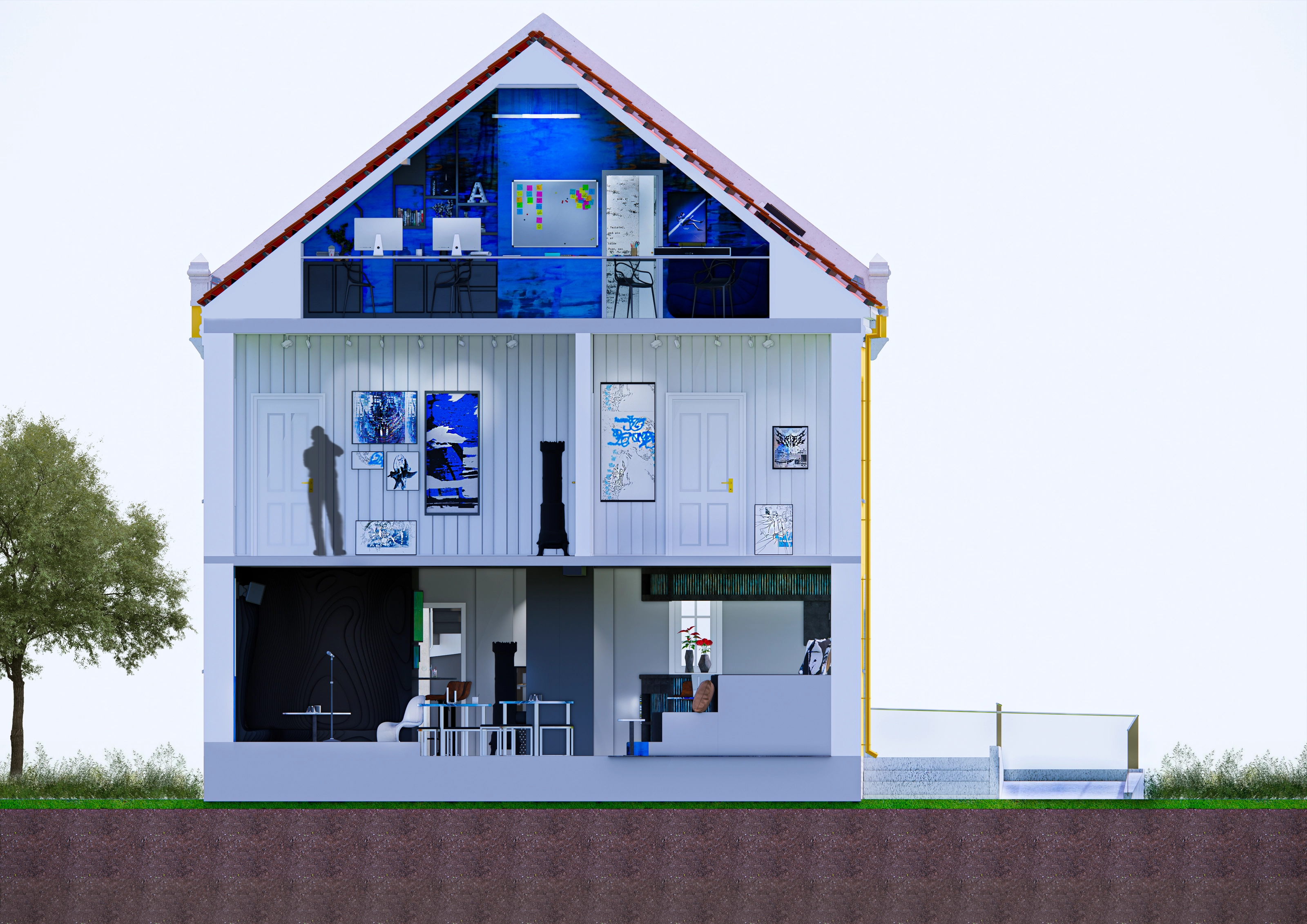 Cross-section rendering of the building showing three floors — an office/loft under the roof, a gallery corridor in the middle, and a café/reception on the ground floor.