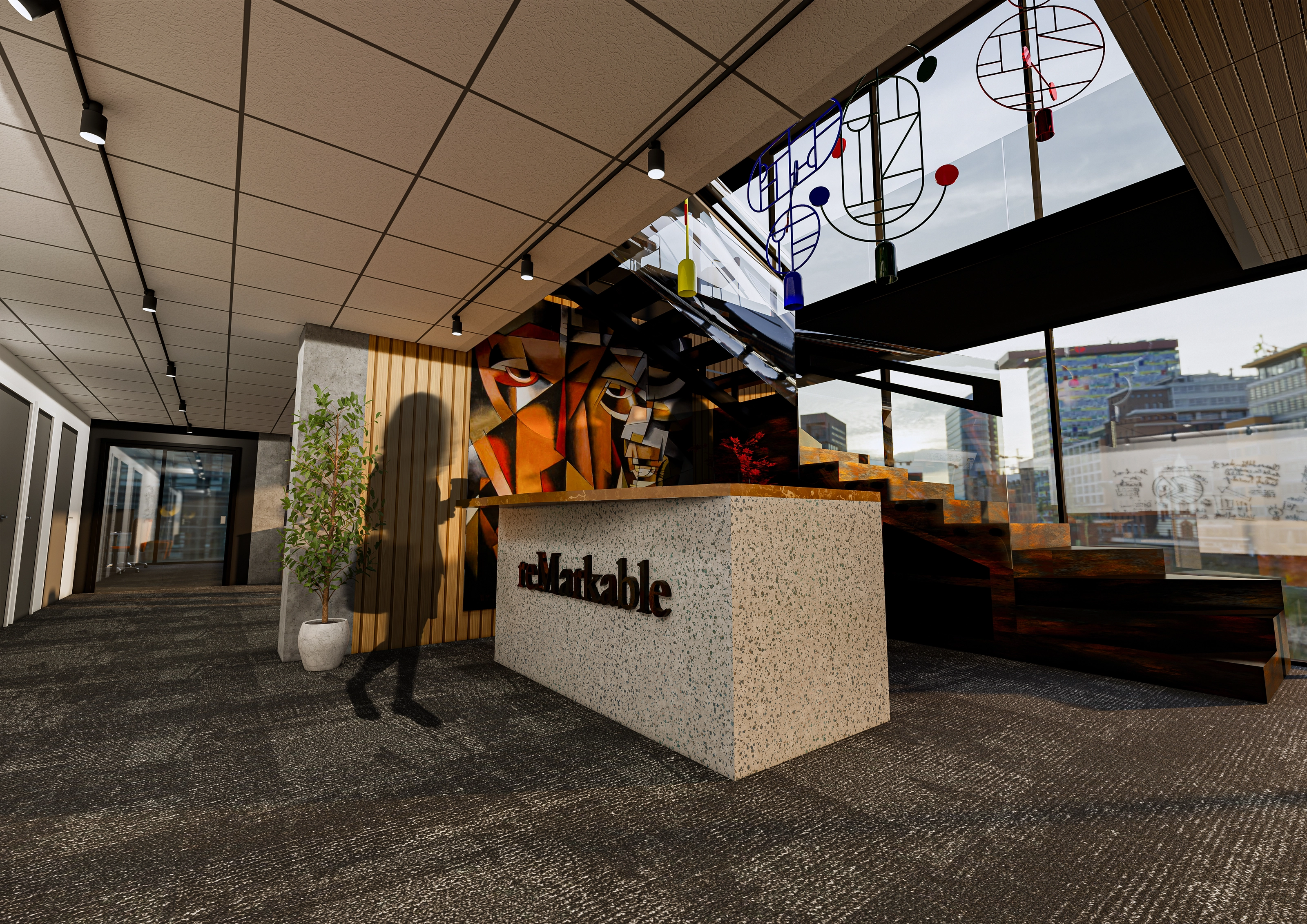 Rendering of the reception area with a desk branded "reMarkable," a cubist painting on the wall, a glossy rust-toned staircase, and a city view through large windows.