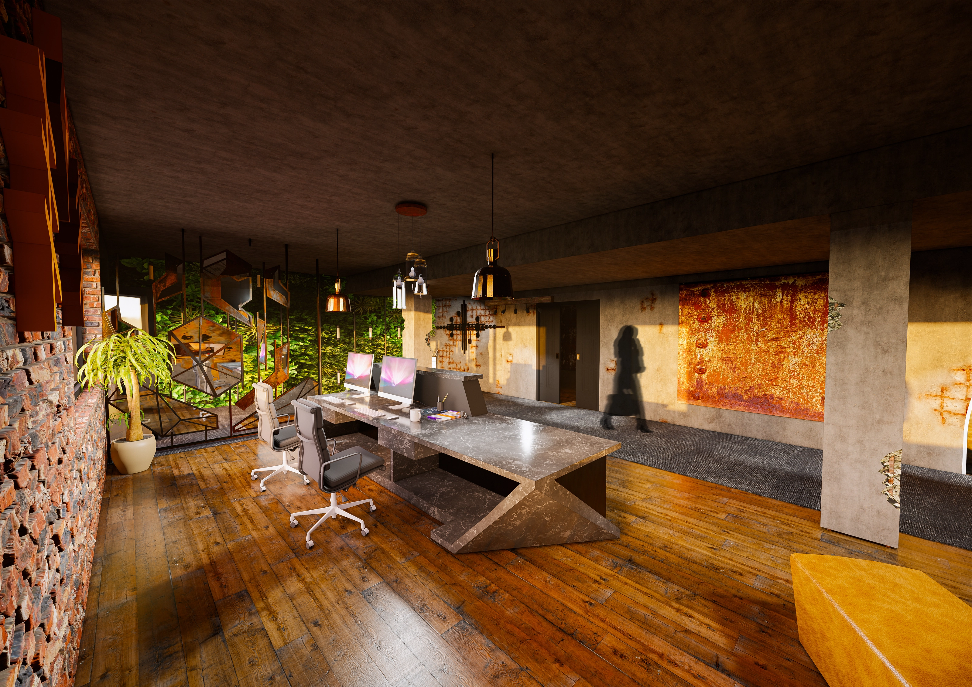 Rendering of the reception area with an X-shaped marble desk, a brick wall, rust-panel art, and a geometric metal room divider against a green plant wall.
