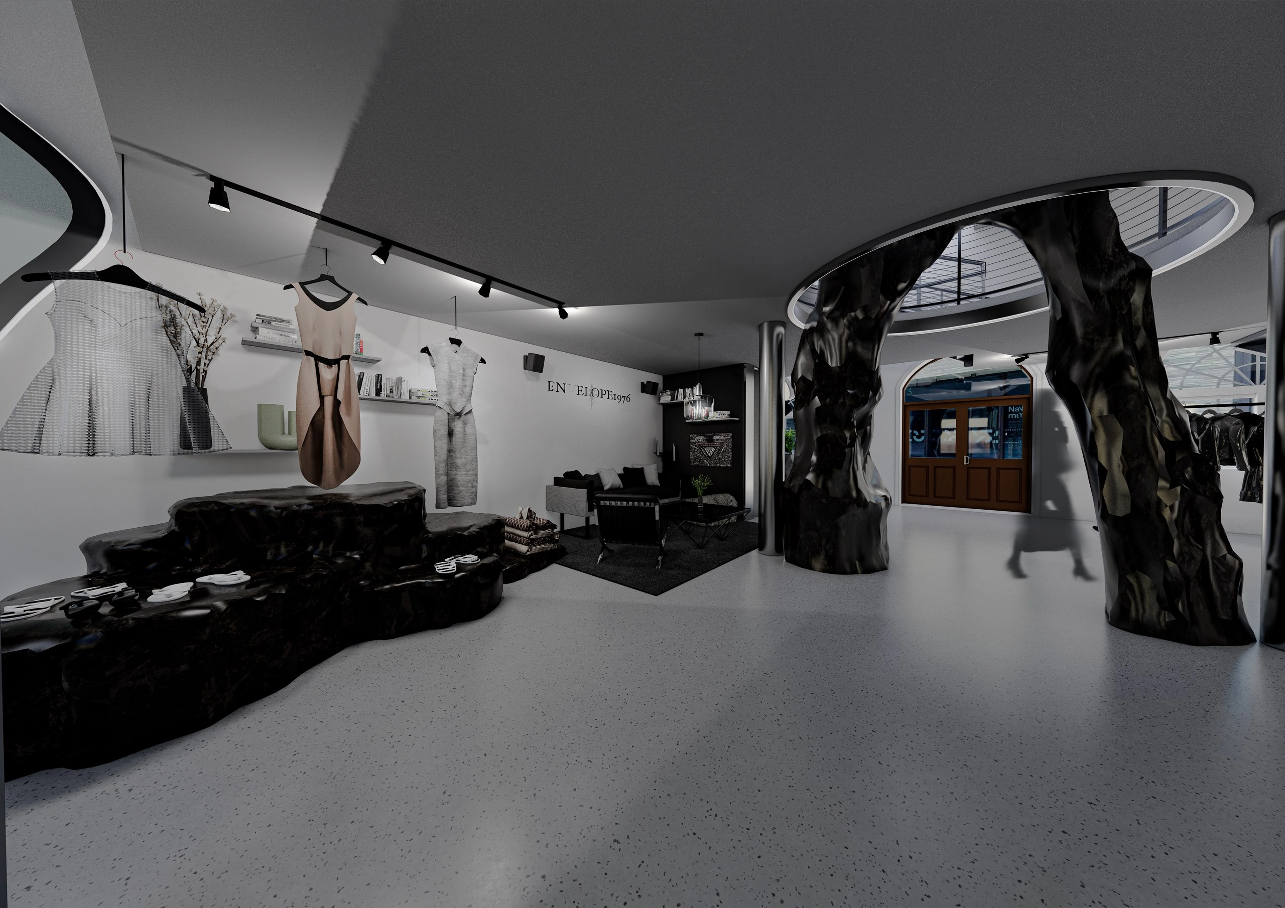 Rendering of a display area with dresses on wall-mounted hooks, a jet-black rock-like bench with accessories, and a portal of dark, twisted columns leading to a wooden double door.