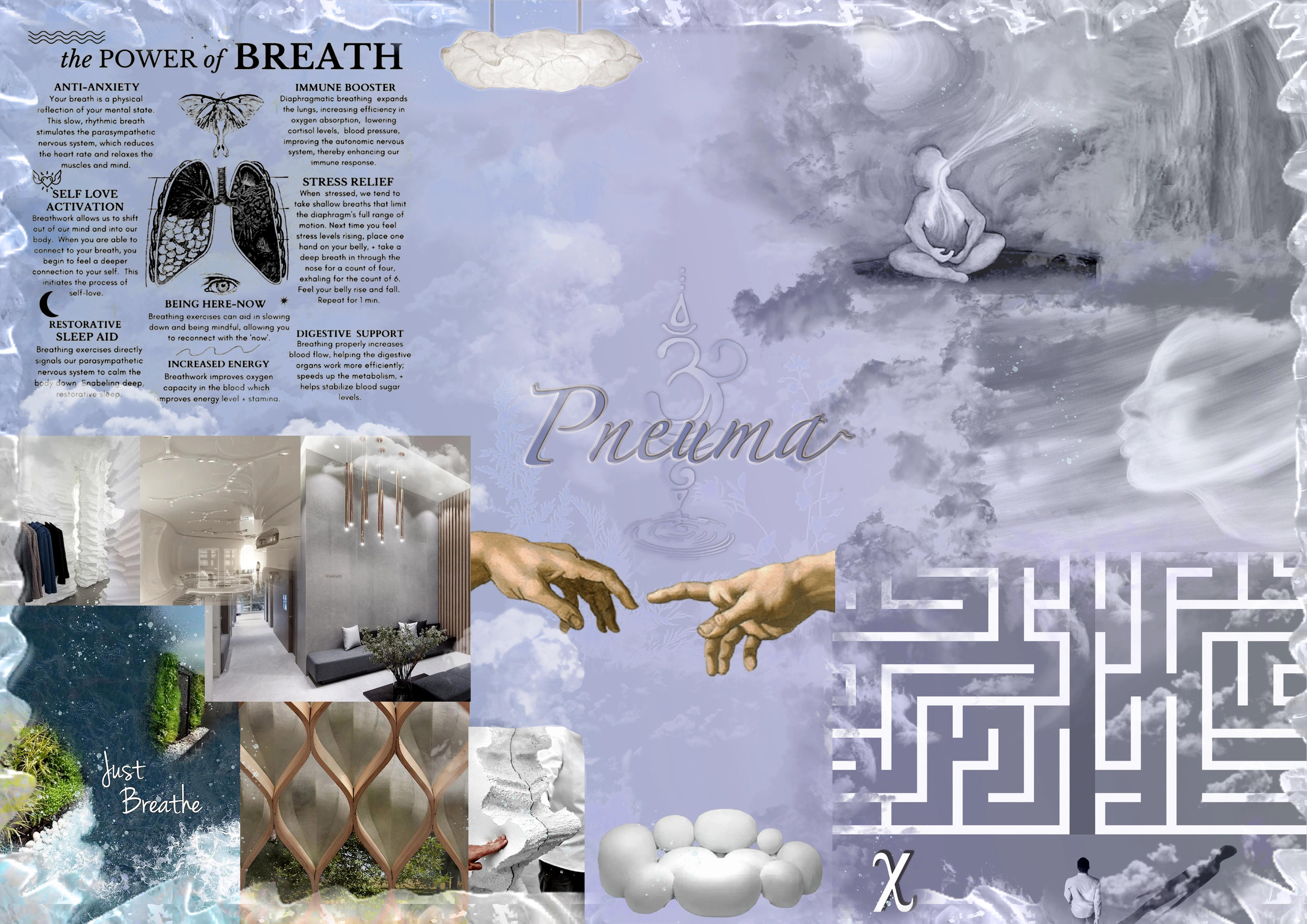 "Pneuma" concept board — a moodboard on the benefits of breathwork, with renderings of a white, sculptural waiting room featuring wave-shaped wood dividers, hanging cocoon forms, and a labyrinth motif.