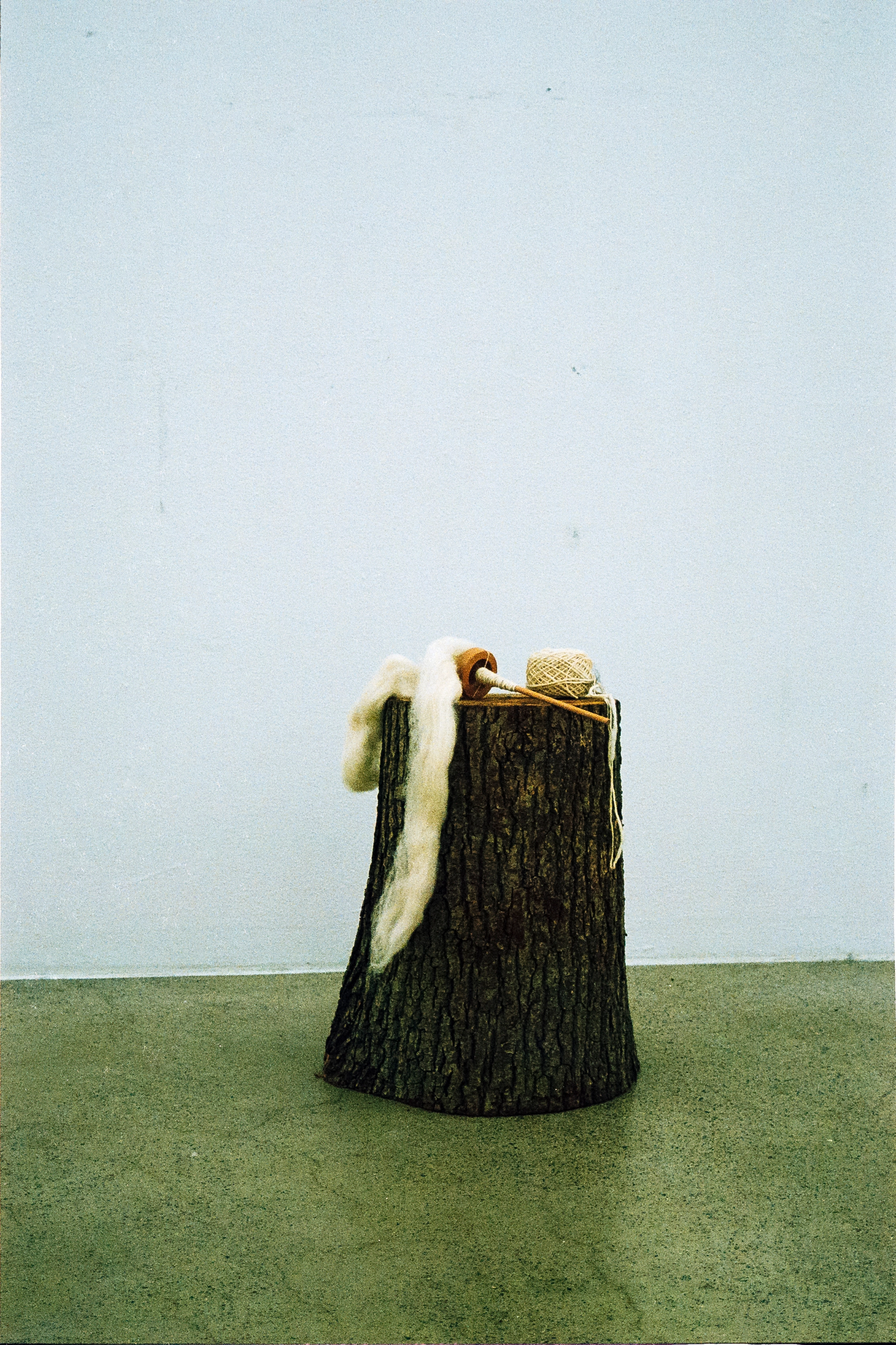 Analog still life of raw wool and a small ball of yarn resting on a tree stump.
