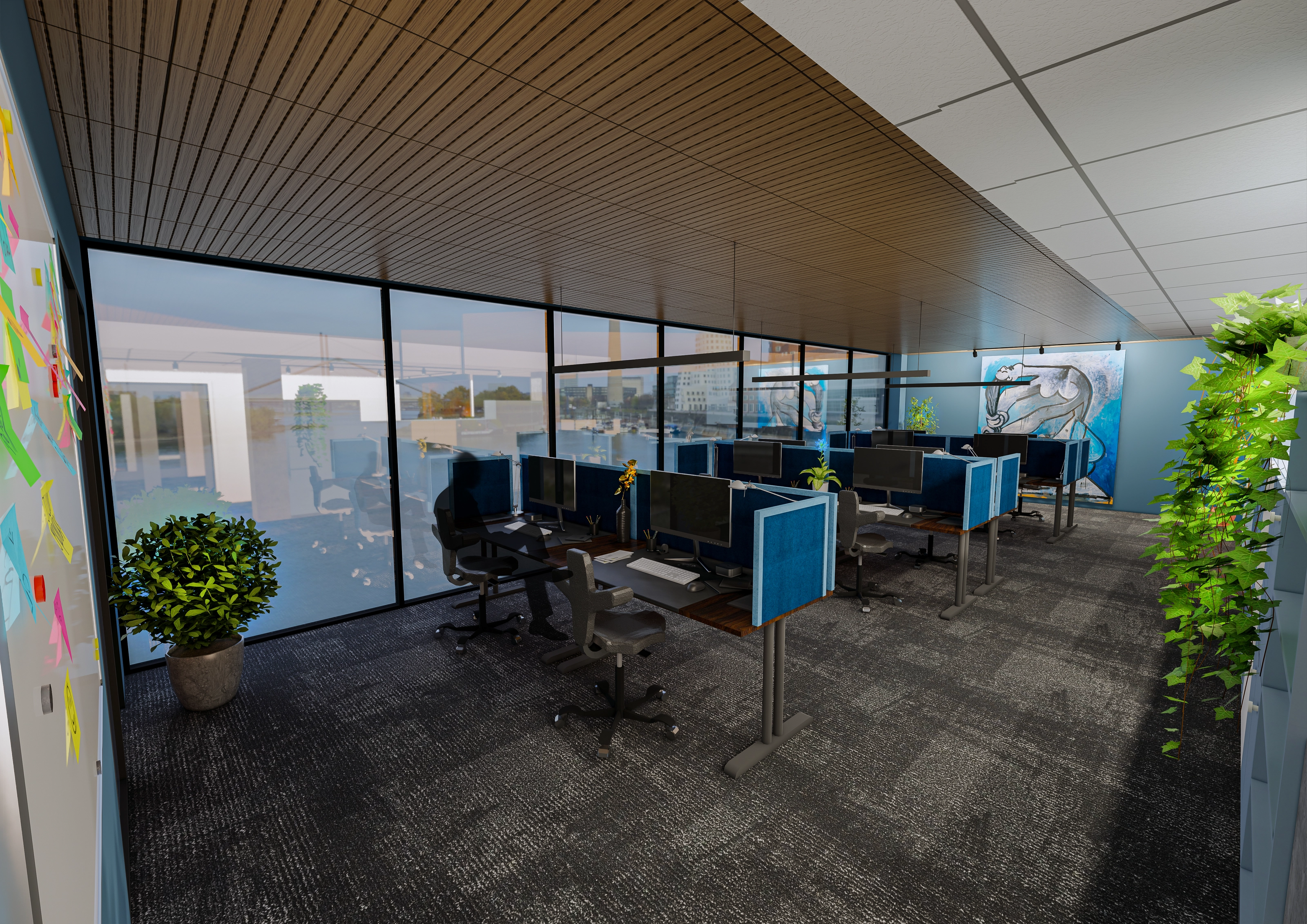 Rendering of an open-plan office area with workstations by large windows overlooking the marina, a wall covered in colorful sticky notes, and blue figurative paintings on the right-hand wall.