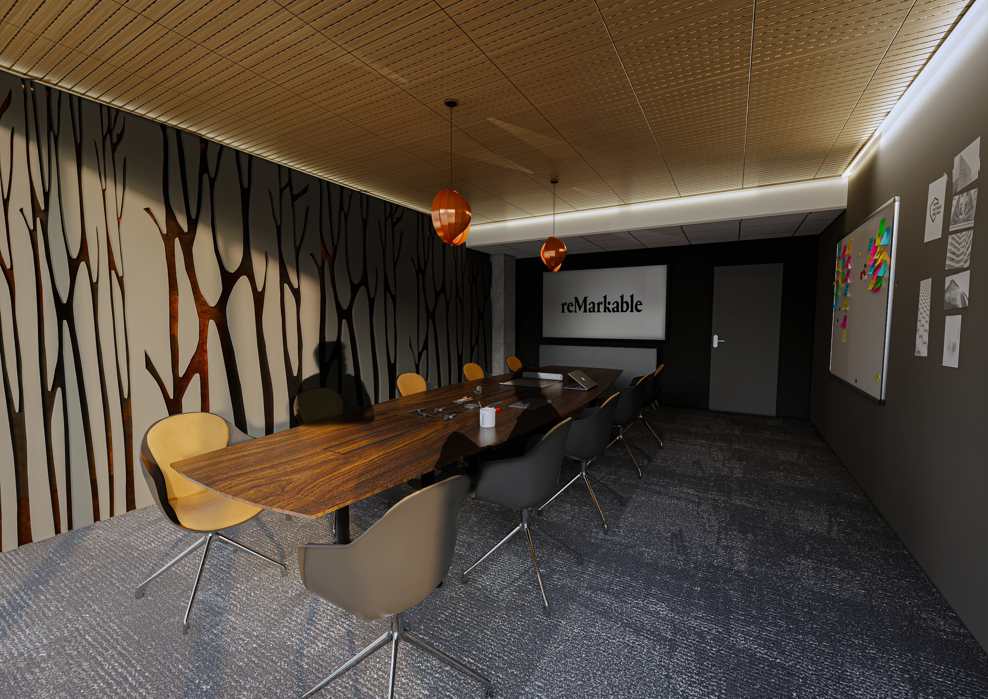 Rendering of a meeting room with a branch-pattern accent wall, a long dark-wood table with yellow and grey chairs, copper pendant lights, and a screen displaying the "reMarkable" logo.