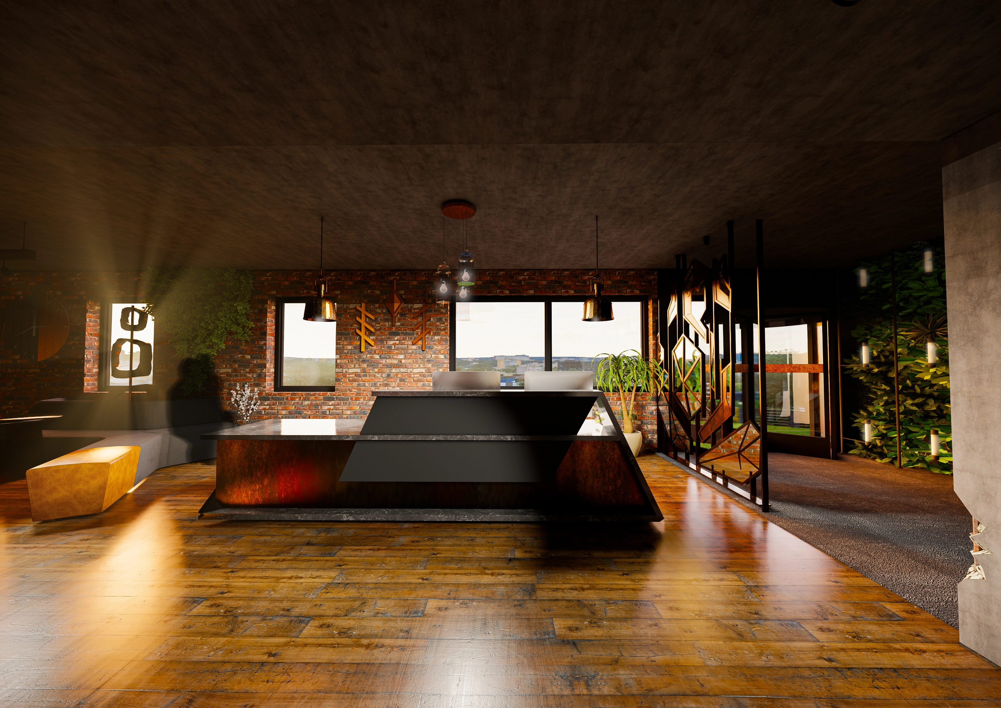 Rendering of an alternate reception angle with a dark stone desk and a hanging wood/rope room divider.