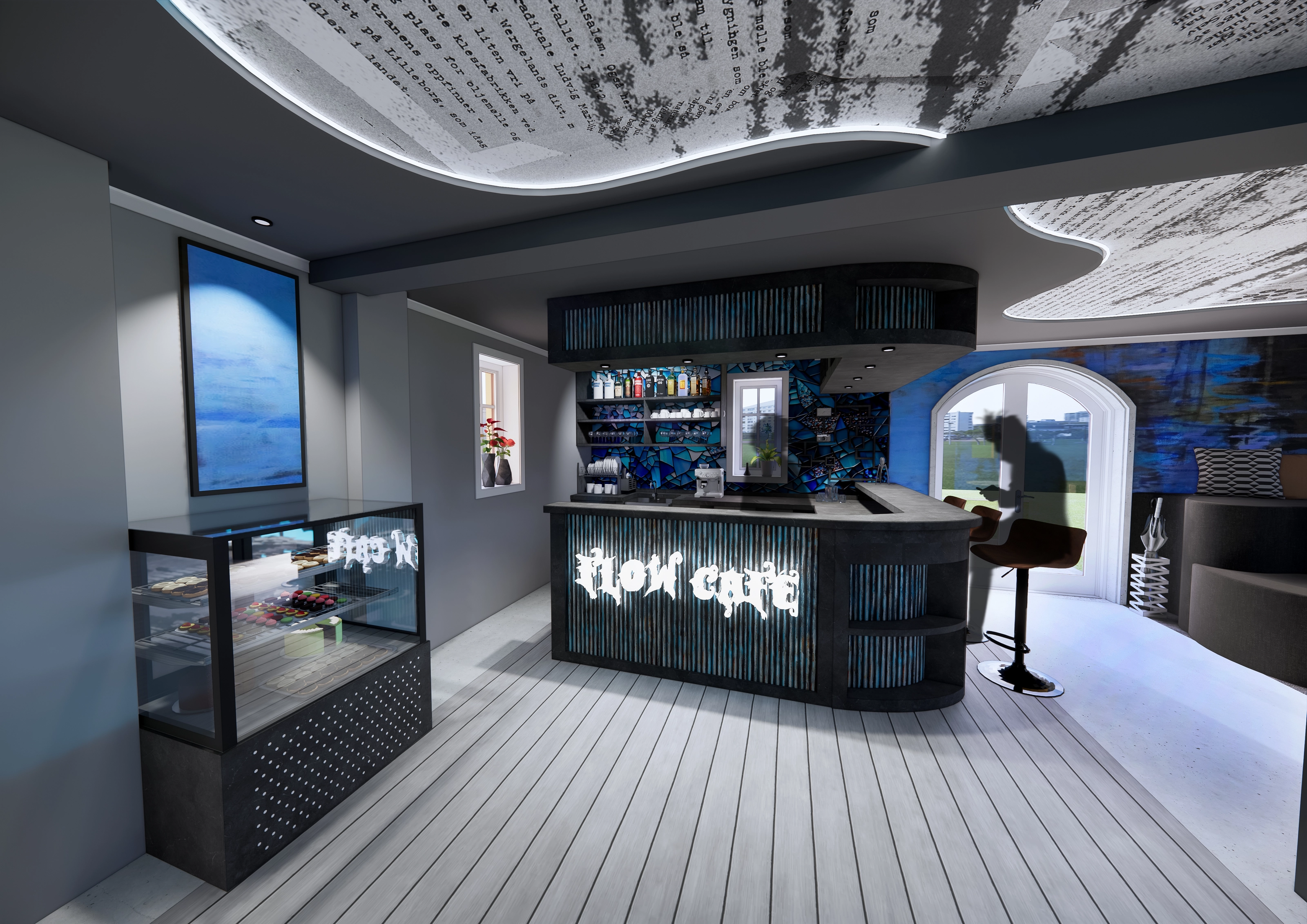 Rendering of the "Flow Cafe" counter, with an arched window and a display case to the left.