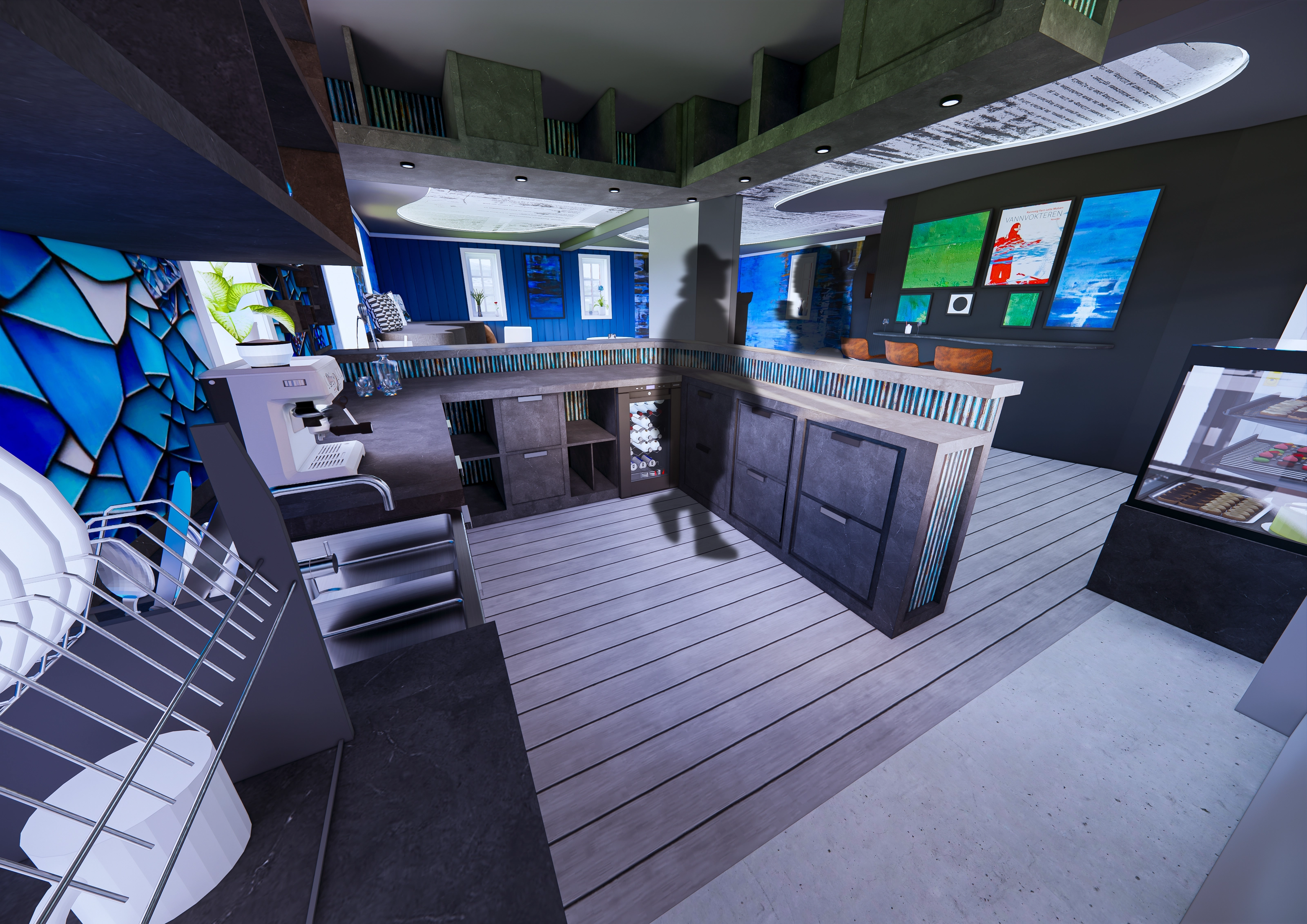 Rendering of the gallery area with colorful framed artwork on the wall, a display cabinet, and a person walking past the counter.