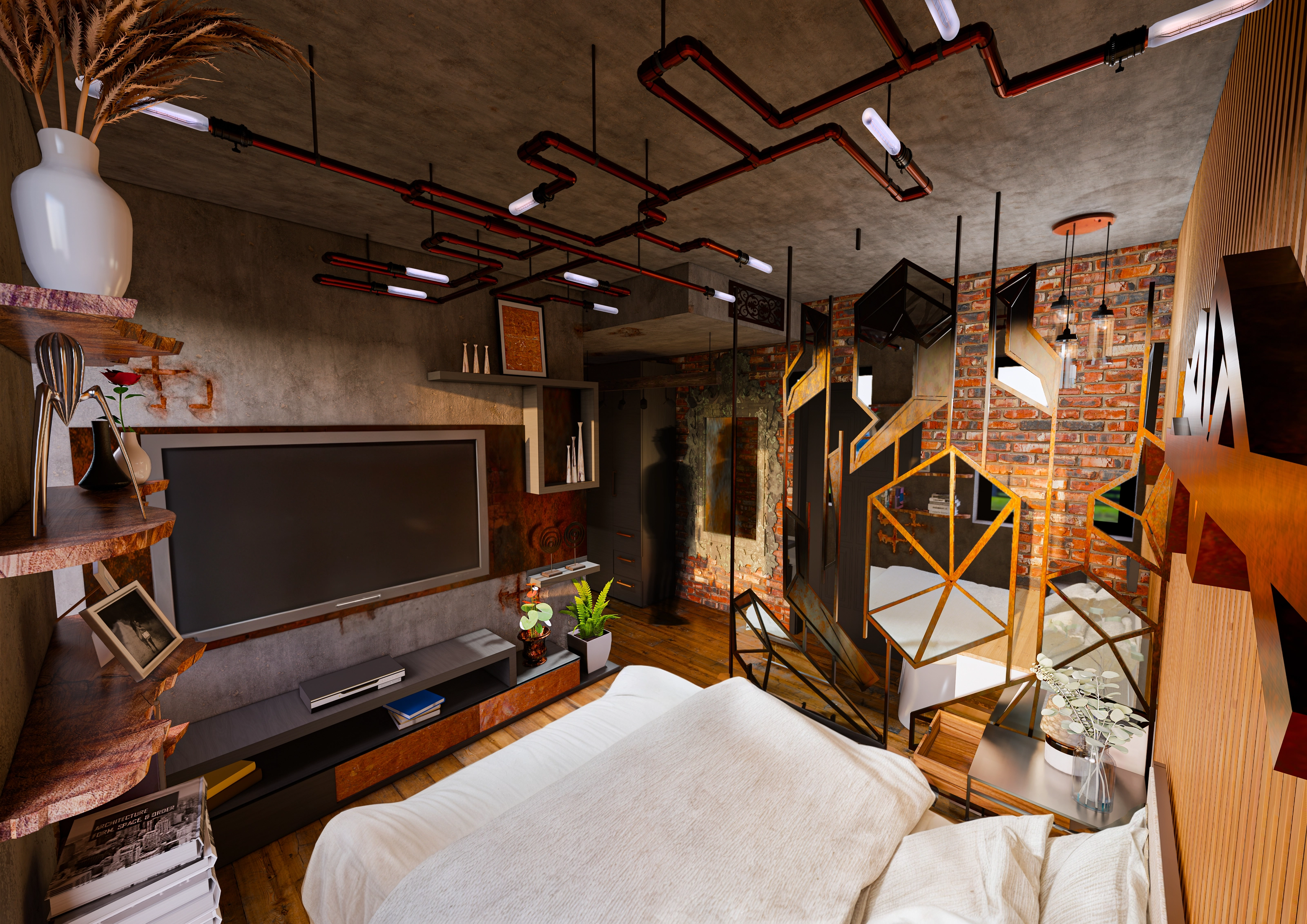 Rendering of a room with a TV console, sofa, exposed copper piping on the ceiling, and a staircase visible in the background.