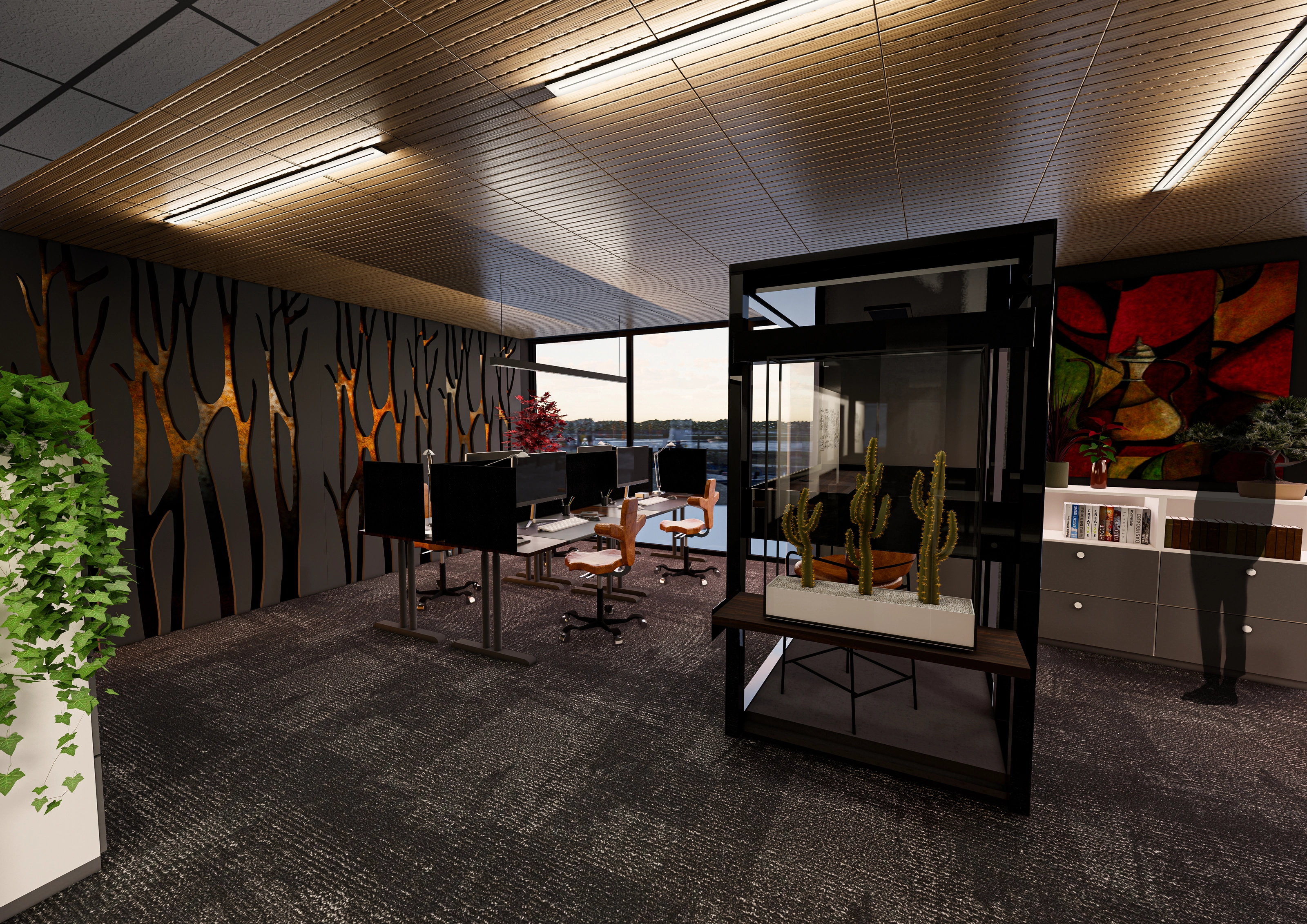 Rendering of a smaller breakout zone with a branch-pattern accent wall, standing desks with monitors, a glass cabinet with cacti, and a colorful abstract painting on the wall.