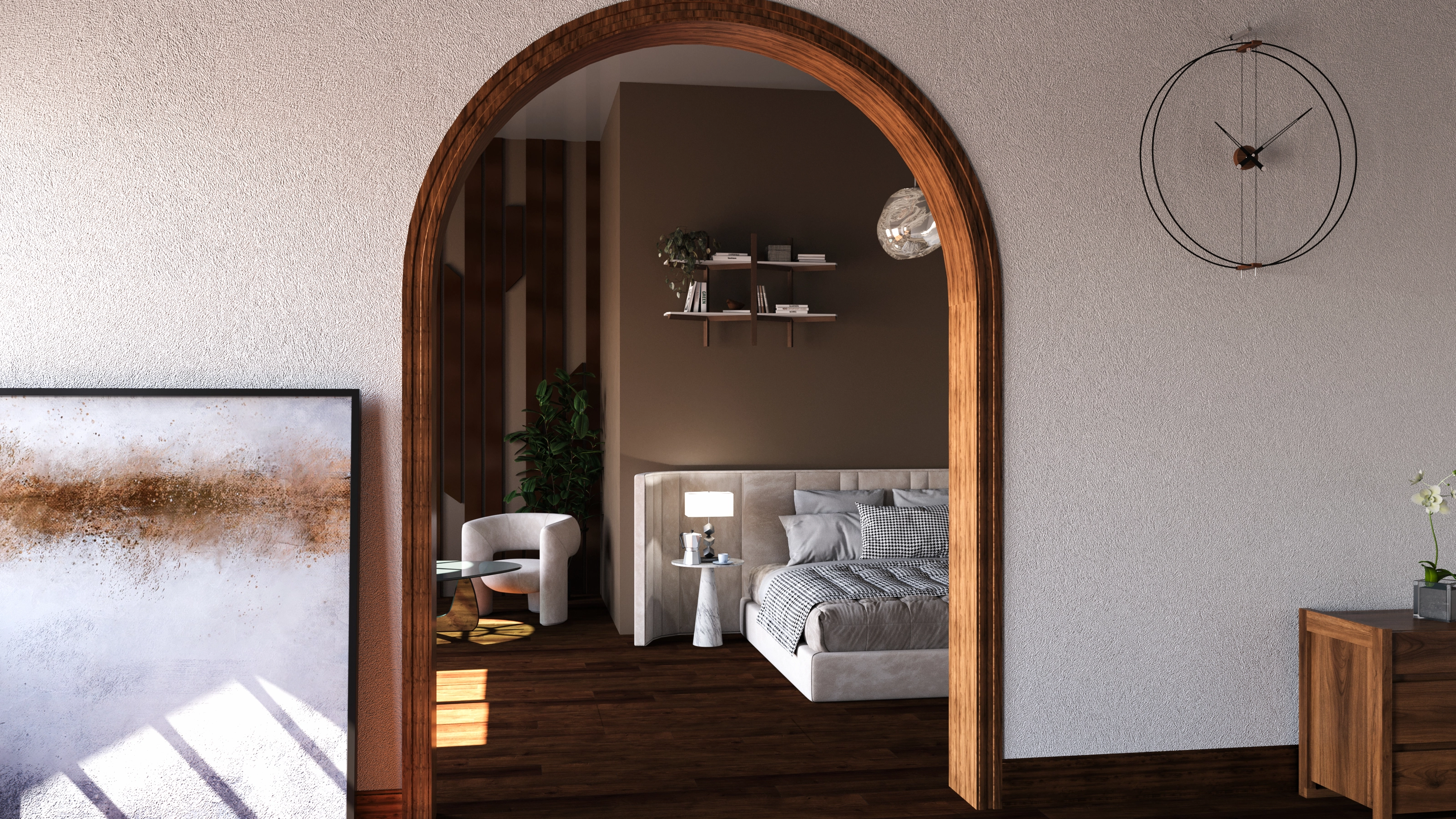 The same room shell seen through an arched doorway, furnished as a bedroom with bed, side table, and shelves.