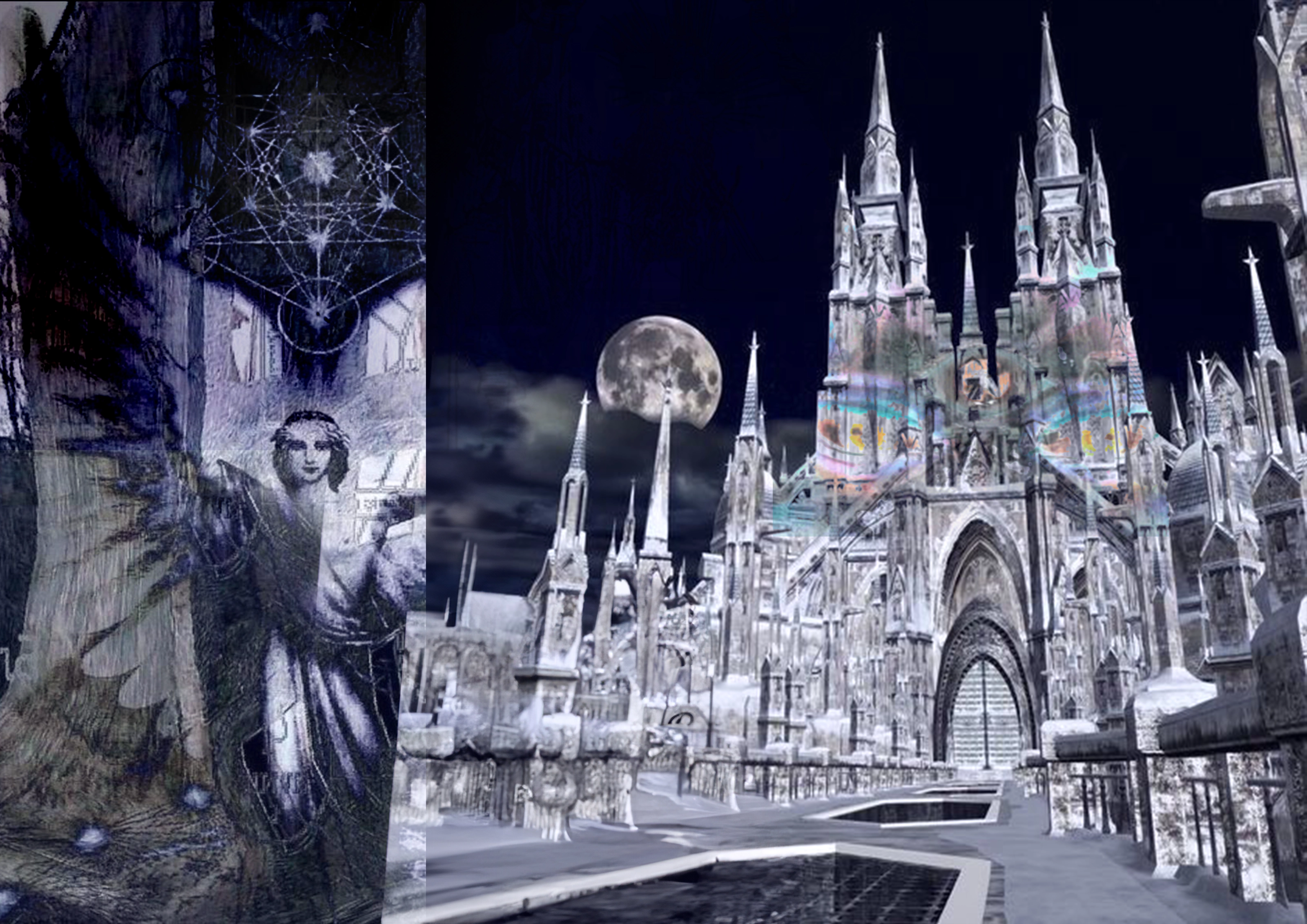 Digital fantasy collage of an ice-crystal gothic cathedral under a full moon, with an angel and geometric symbols on the left.