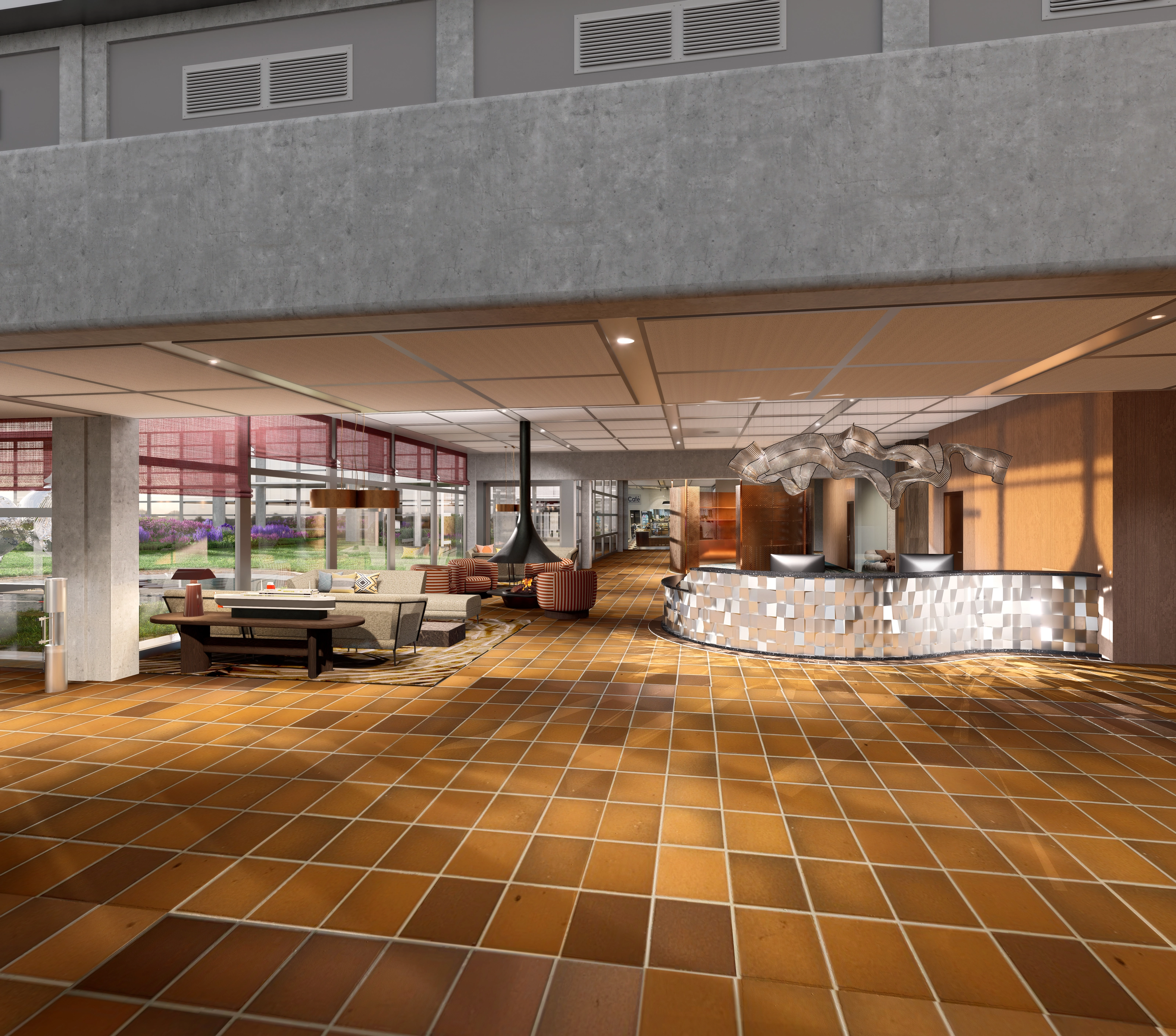 Rendering of the reception area at Veritas, with a terracotta tile floor, a curved mosaic-clad desk, a hanging wave-shaped metal sculpture, and a garden view through reddish blinds.