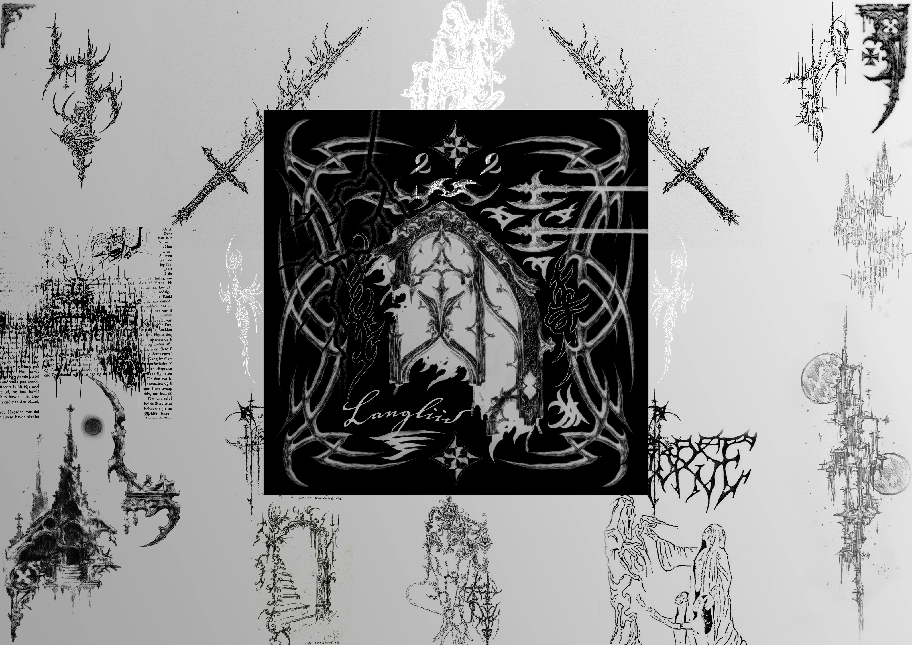 Black-and-white digital collage with a gothic "Langliid" emblem at the center, surrounded by black metal-inspired logo sketches and drawings.