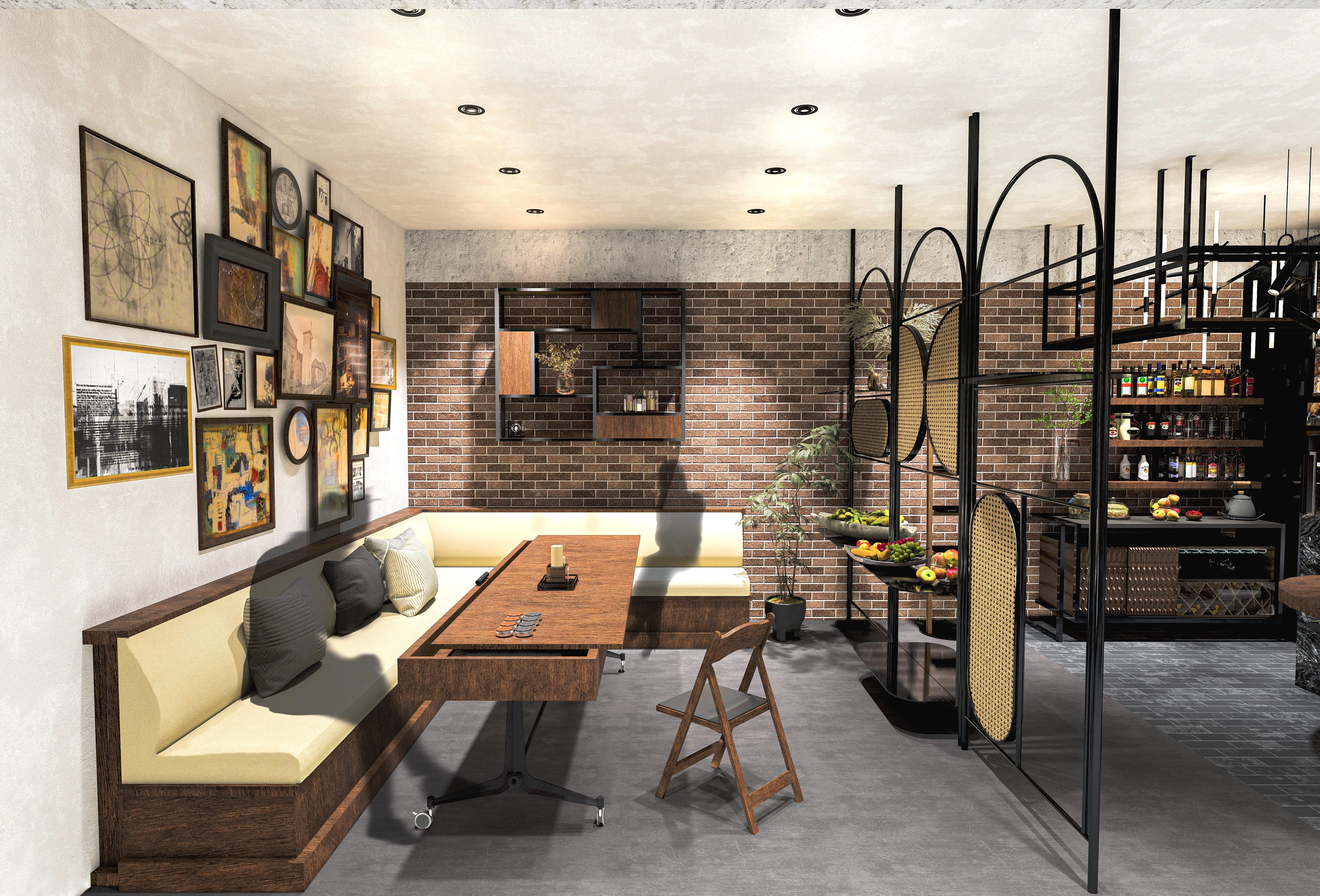 Rendering of a dining nook/lounge with a gallery wall, bench seating, and a bar counter with bottle shelves in the background.