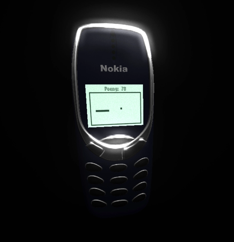 The Nokia 3310 phone screen shows a simple arcade game with a score counter reading 70 points, a bar and a dot on a light green background.