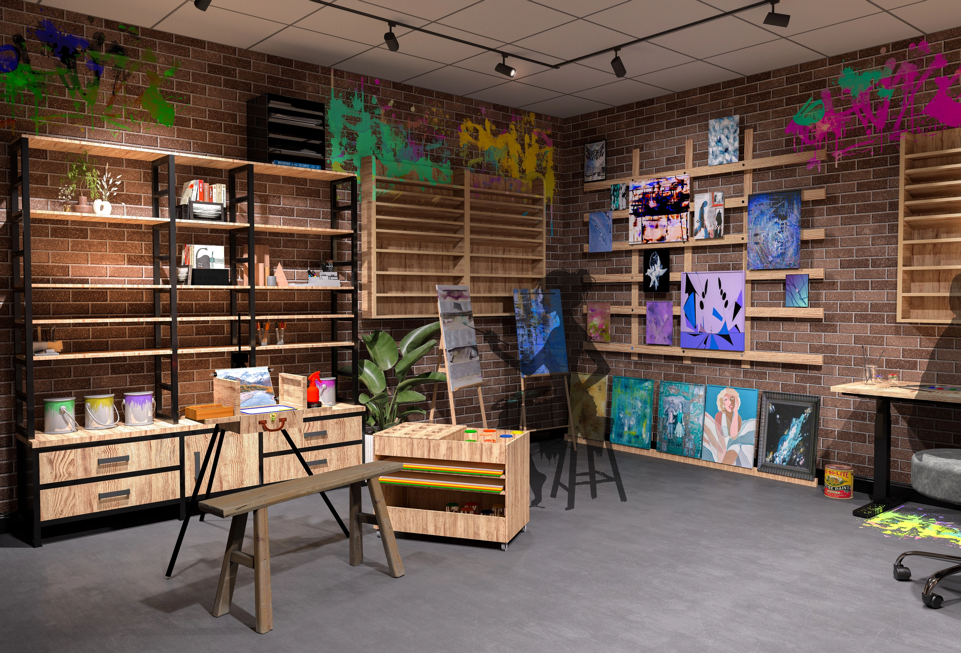 Rendering of an art lab with paint splatters on the brick walls, easels, paintings displayed on shelving, and paint cans.