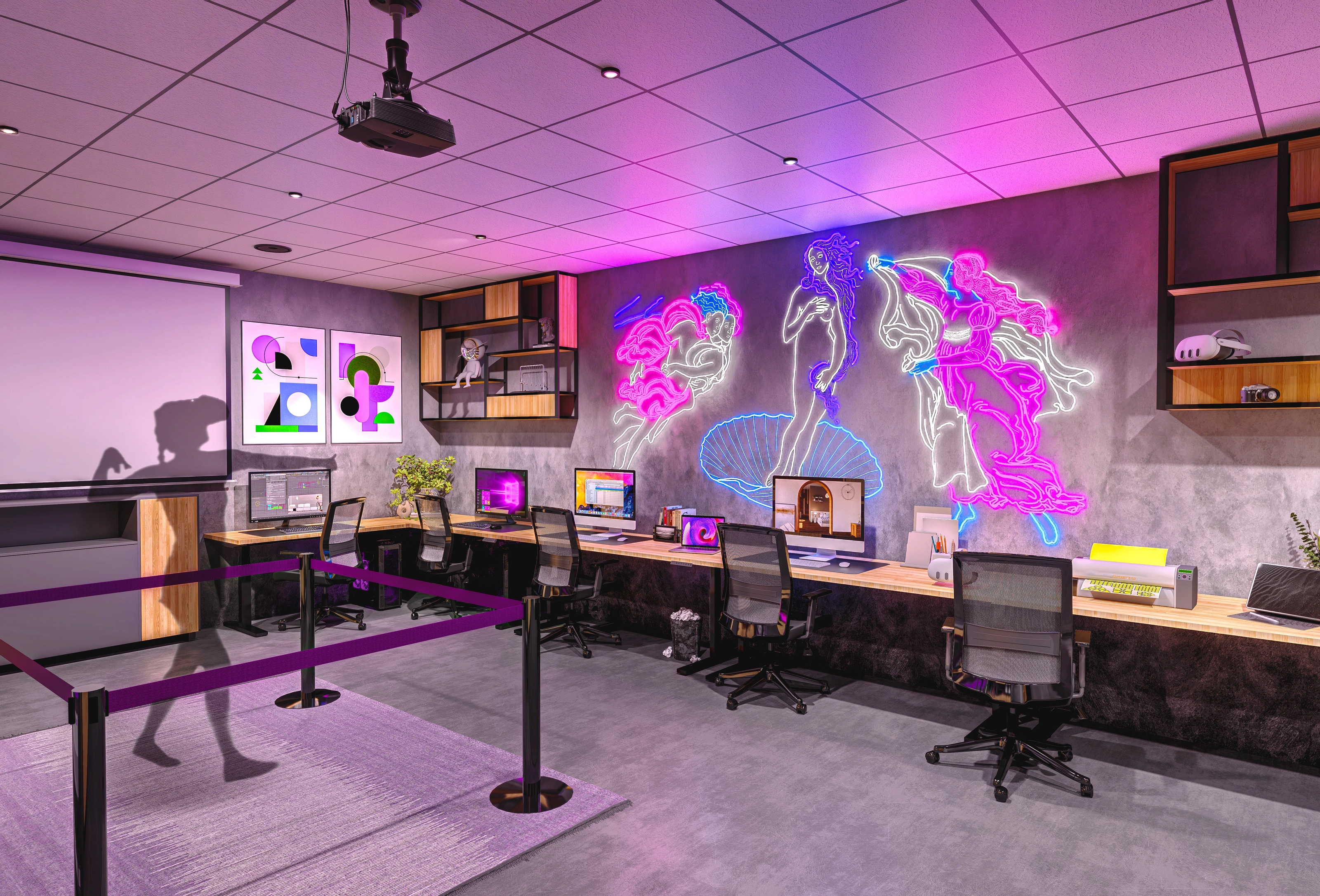 Rendering of a digital lab with neon lighting, classical-inspired illuminated wall art, and a row of computer workstations behind a velvet rope.