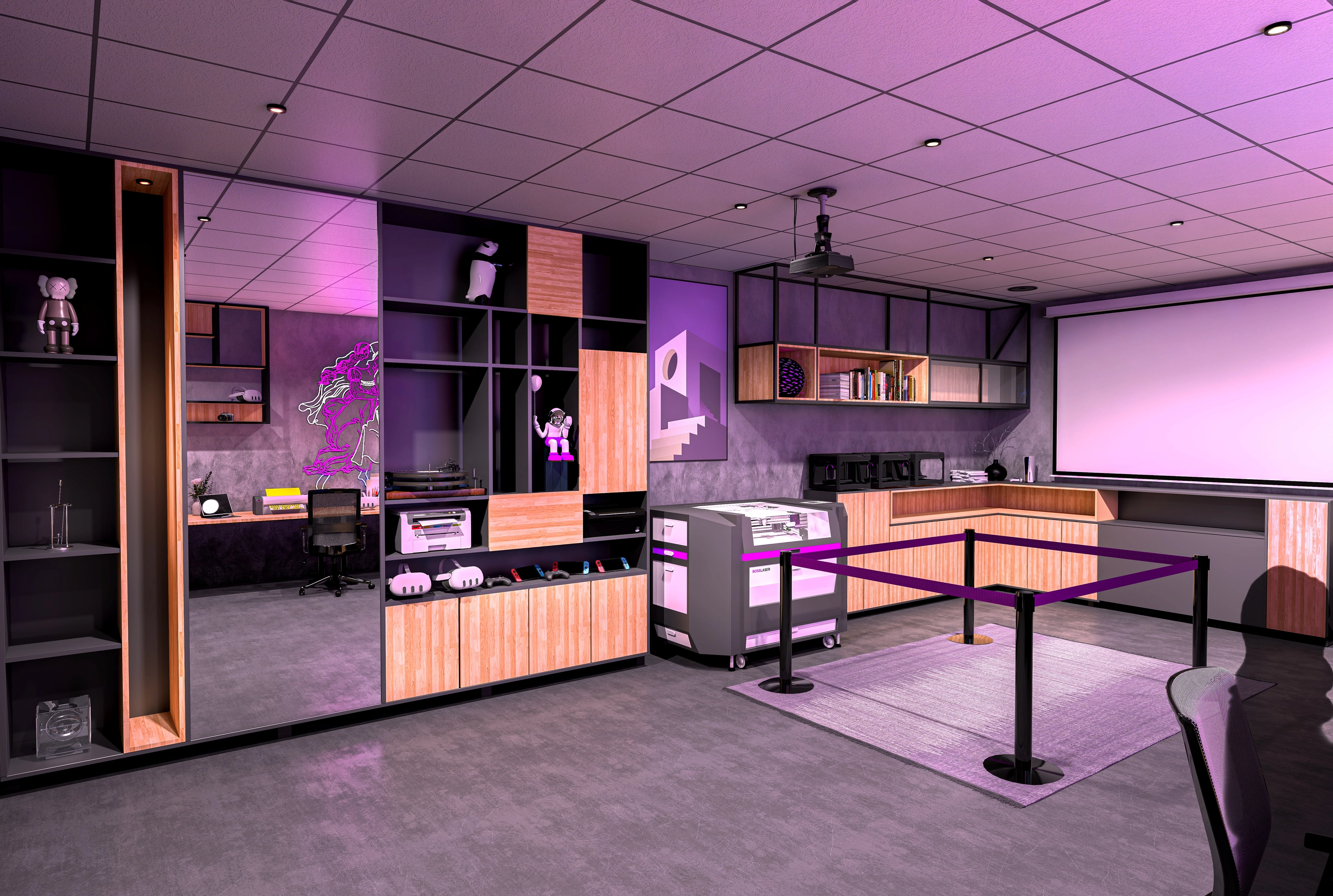 Rendering of the same digital lab from another angle, with a 3D printer, laser cutter, VR headsets, and a record-player corner.