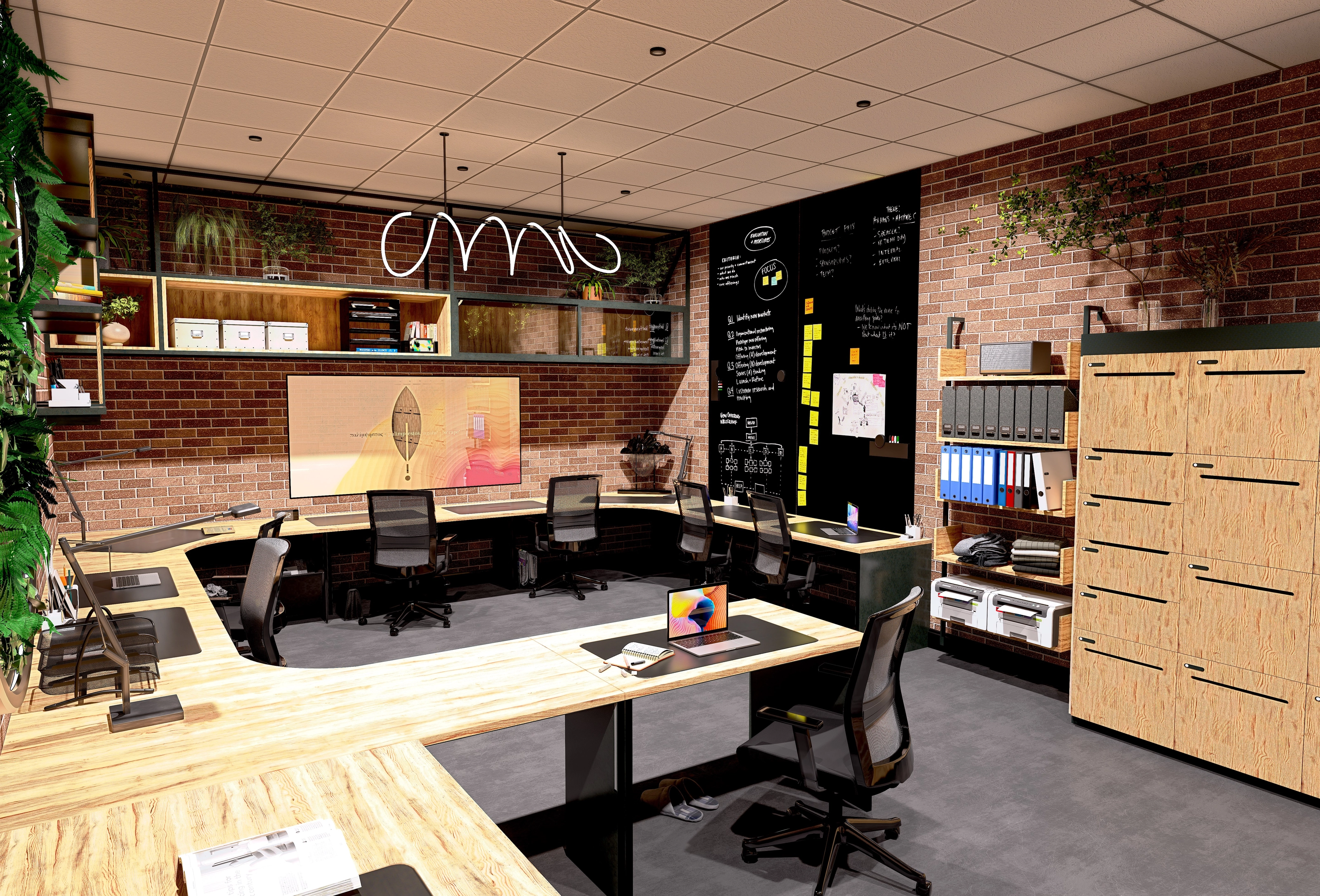 Rendering of a coworking room with curved light-wood desks, a brick wall, a chalkboard wall covered in sticky notes, and plants.