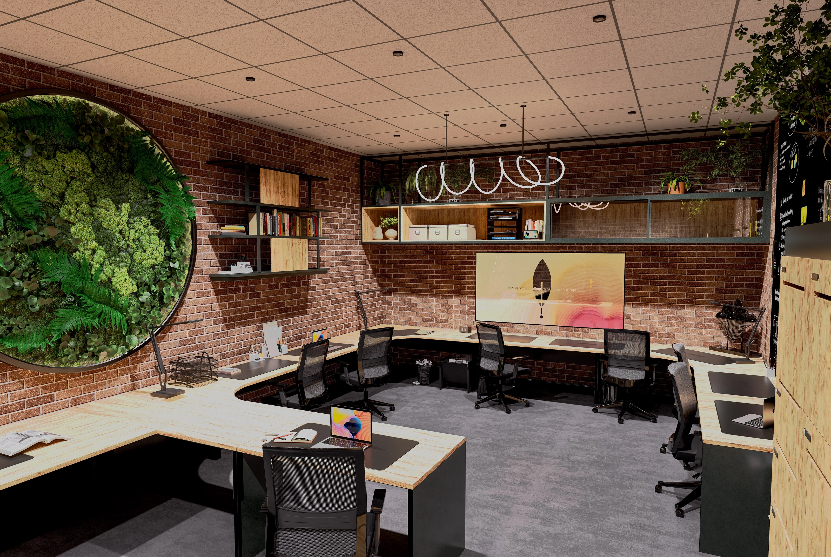 Rendering of the same coworking room from another angle, with a circular moss wall as a feature and screens along the desks.