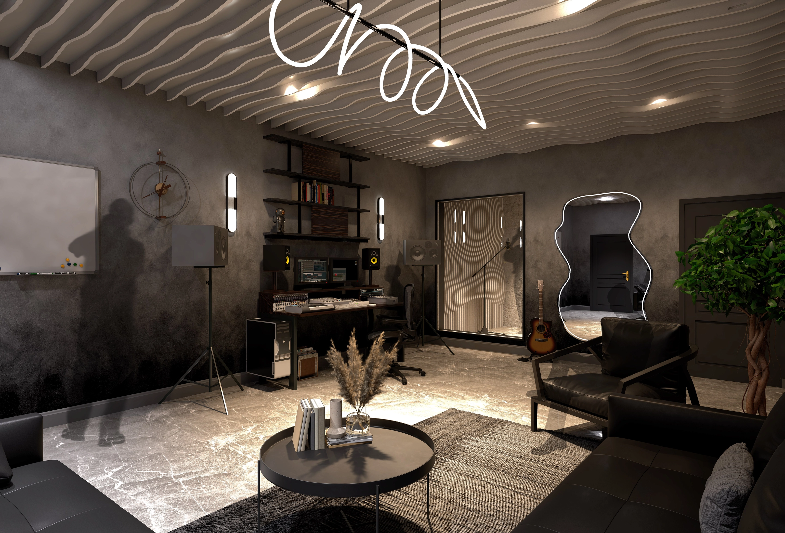 Rendering of a music studio with a wave-paneled ceiling, mixing desk, studio monitors, and a recording booth with a guitar visible through the glass.