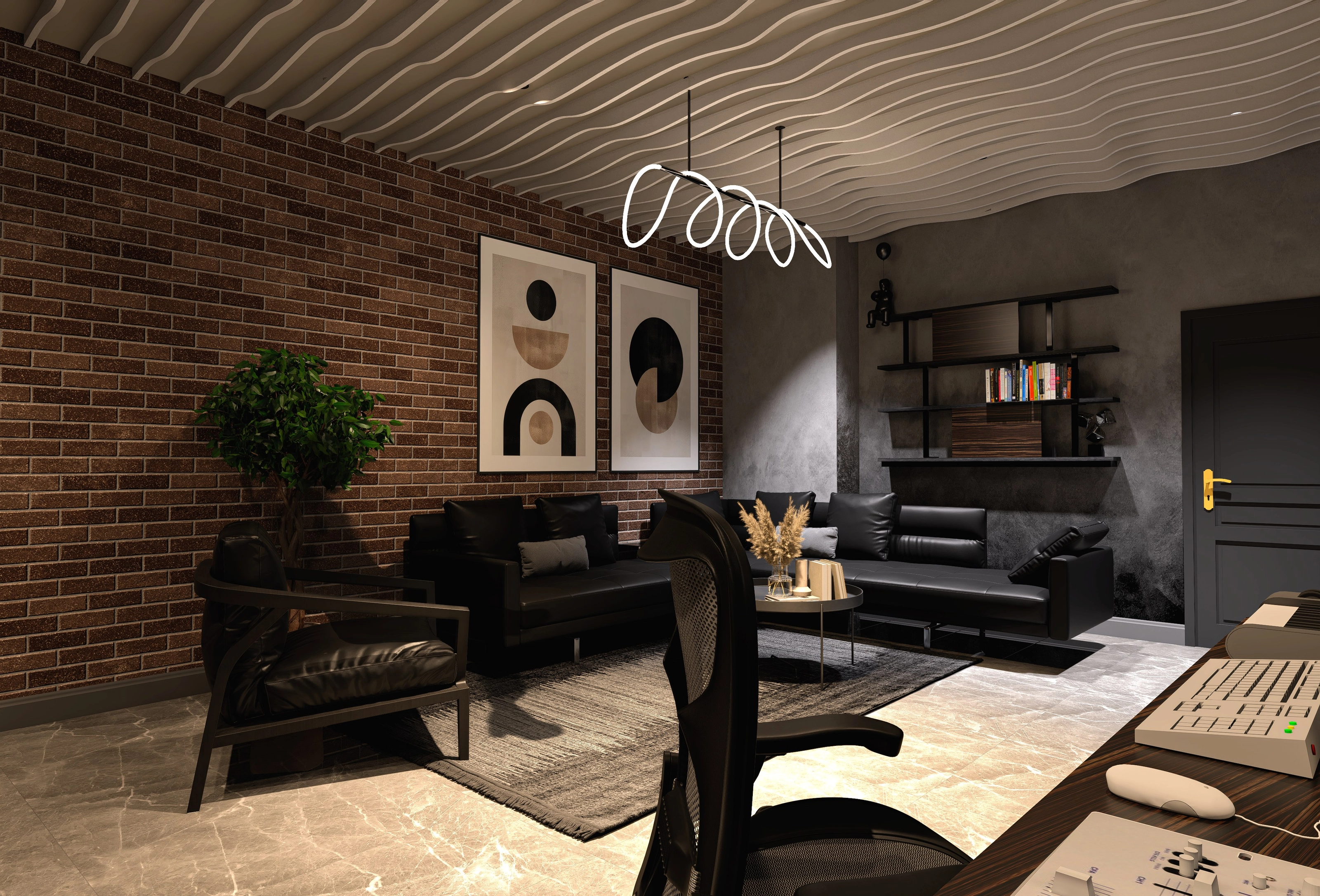 Rendering of the same music studio, showing a lounge area with black leather sofas, art prints, and a bookshelf.
