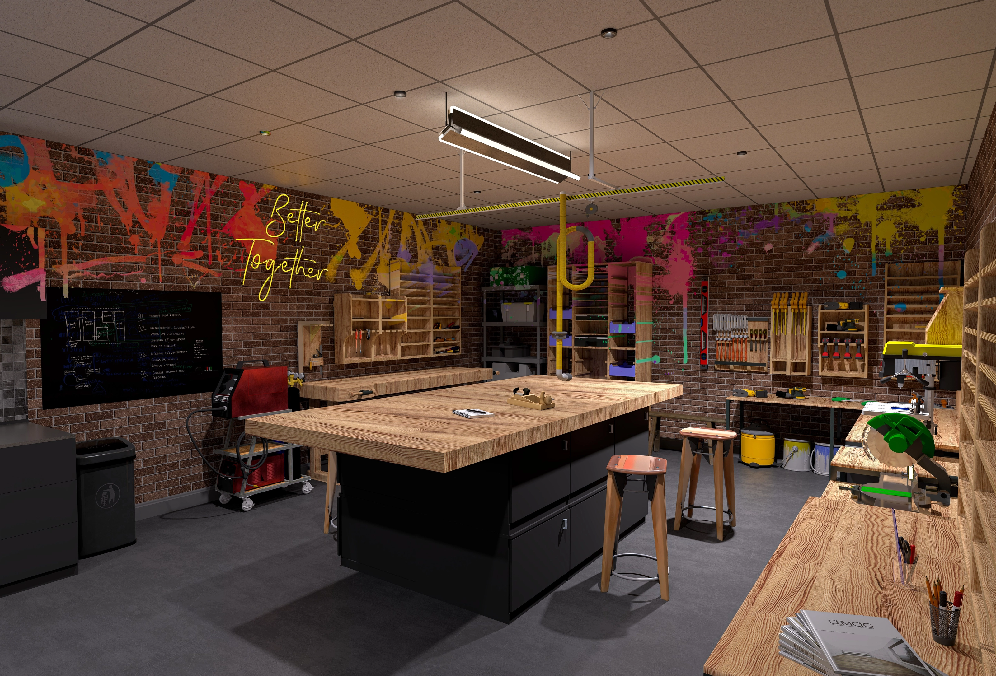 Rendering of a workshop room with a wooden workbench, hand tools on the wall, a miter saw, and colorful 'Better Together' graffiti on the brick wall.