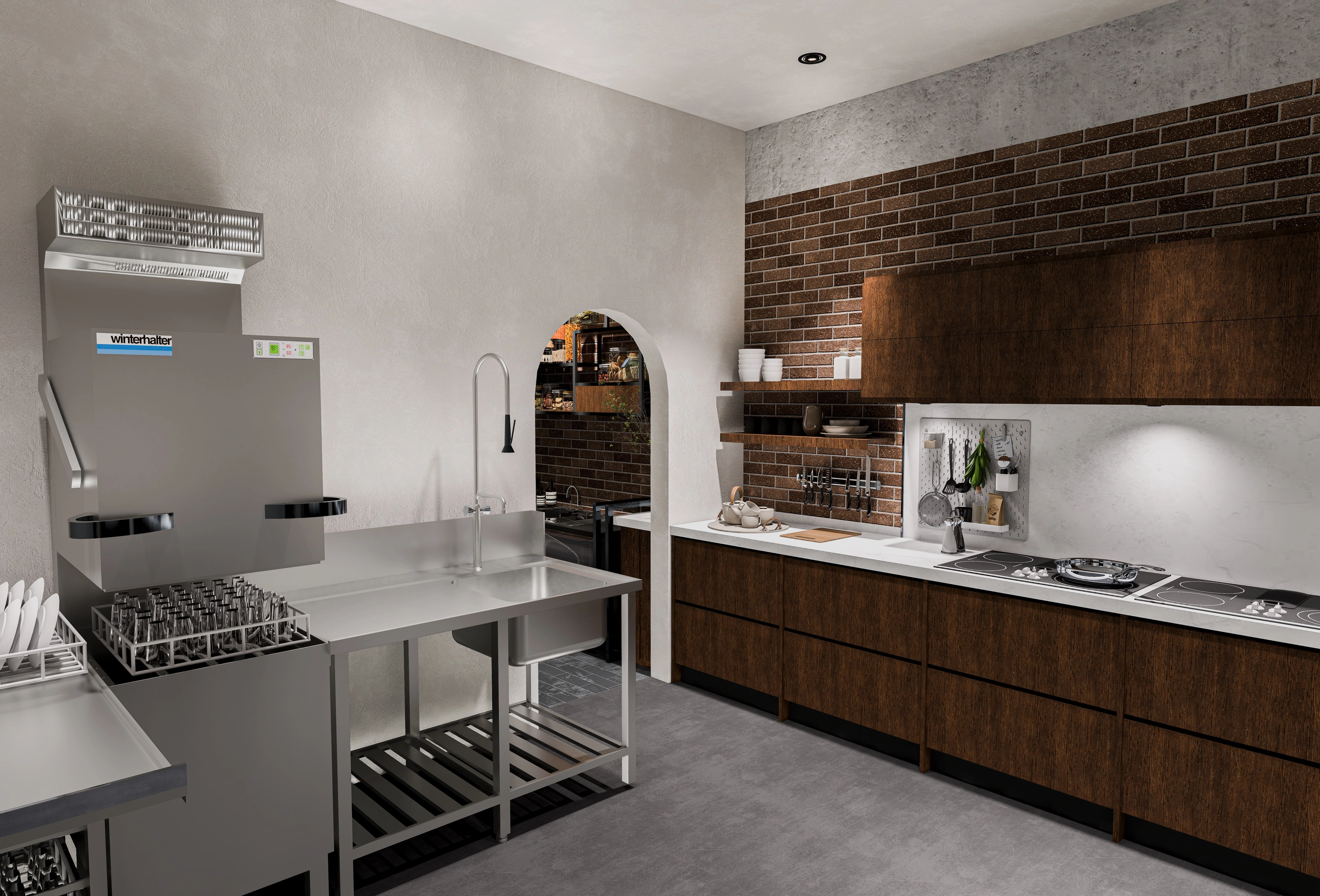 Rendering of a professional kitchen with dark wood-panel cabinetry, a white countertop, a cooktop, and a stainless-steel dishwashing station.