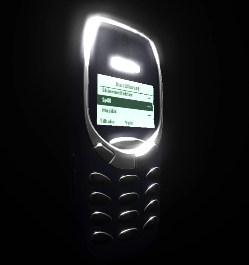 The Nokia 3310 phone screen shows a settings menu with the options Screen effects, Games, and Music, with Games highlighted, and Back/Select at the bottom.