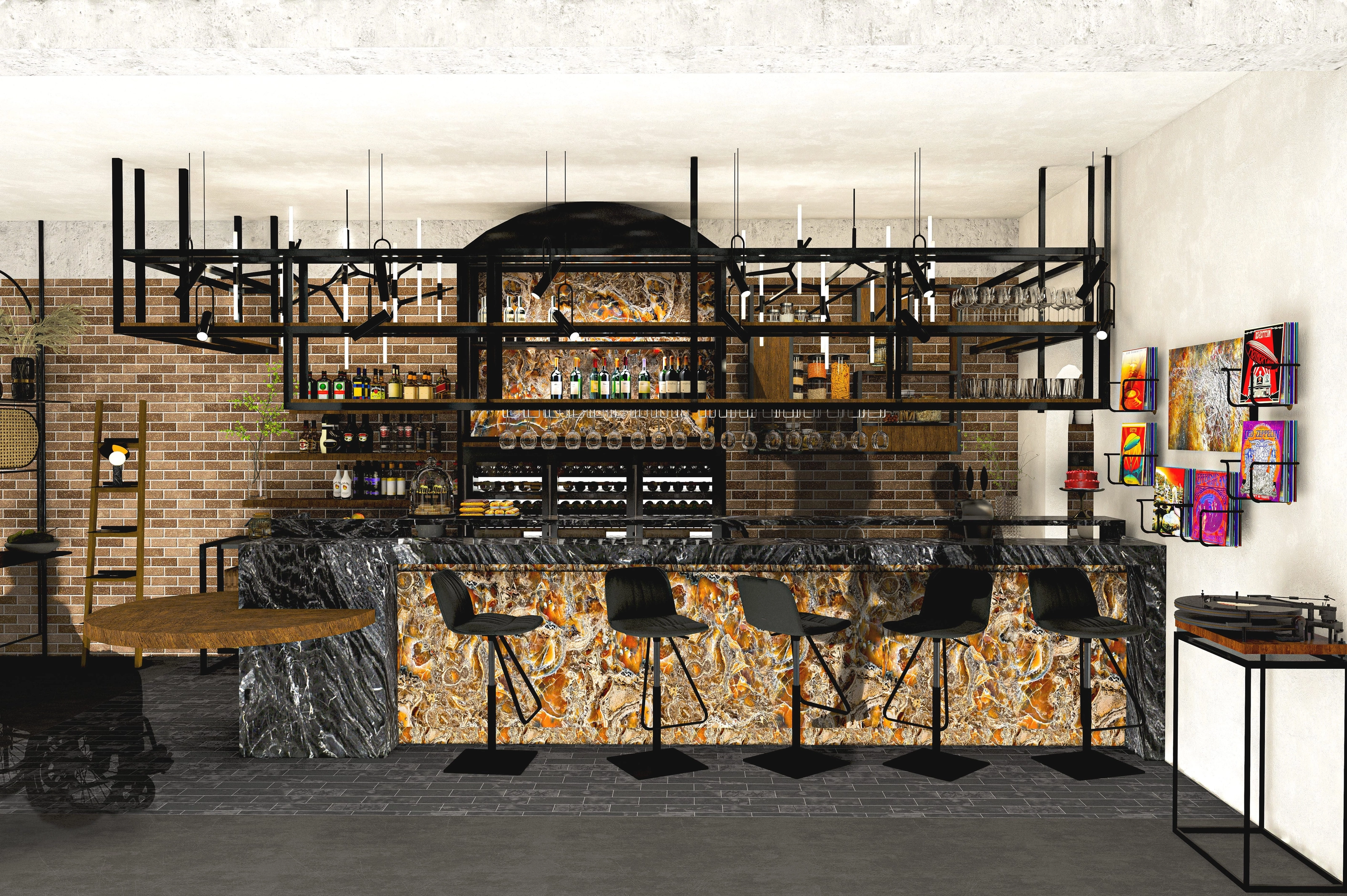 Rendering of a bar counter with a patterned stone front, bar stools, hanging bottle shelving, and a record player on the wall to the right.
