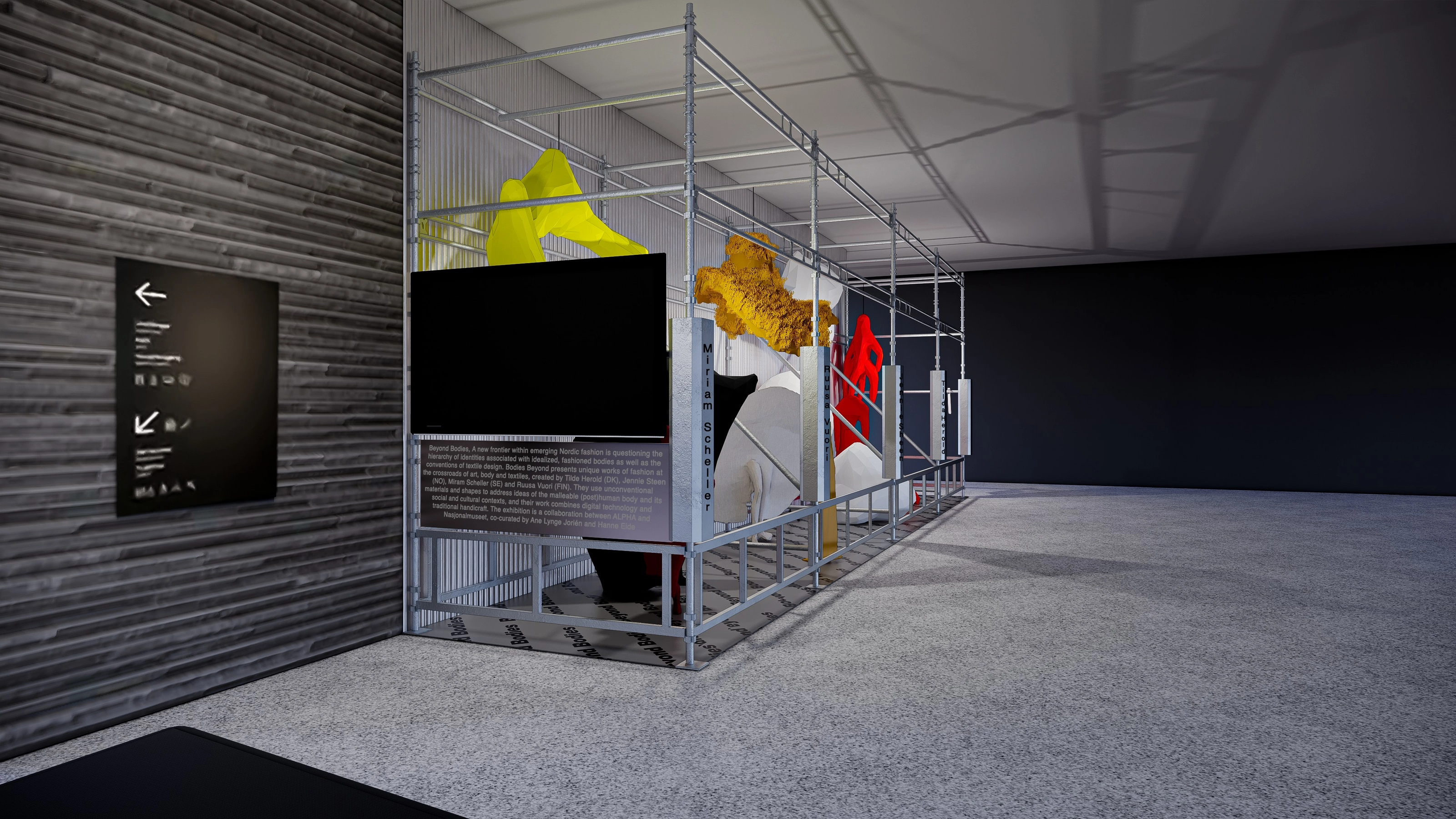 Rendering of the modular exhibition scaffolding along a wood-slat wall, with a screen, a text panel labeled "Miriam Scheller," and colorful sculptural body-forms in yellow, ochre, and red suspended in the structure.