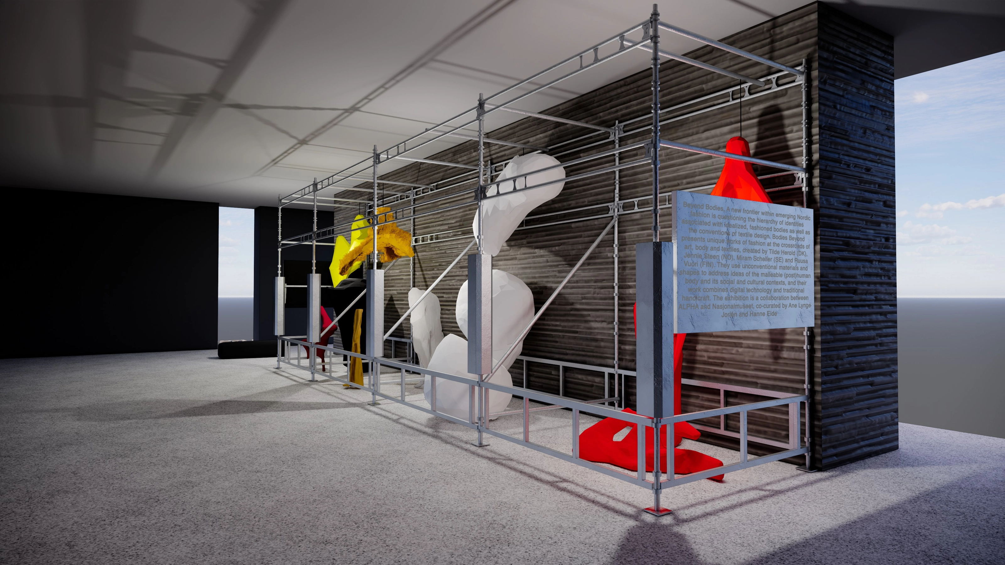 Rendering of the scaffolding seen from the opposite end, with a red body-form in the foreground, a white folded form, and a readable curatorial text panel about the exhibition.