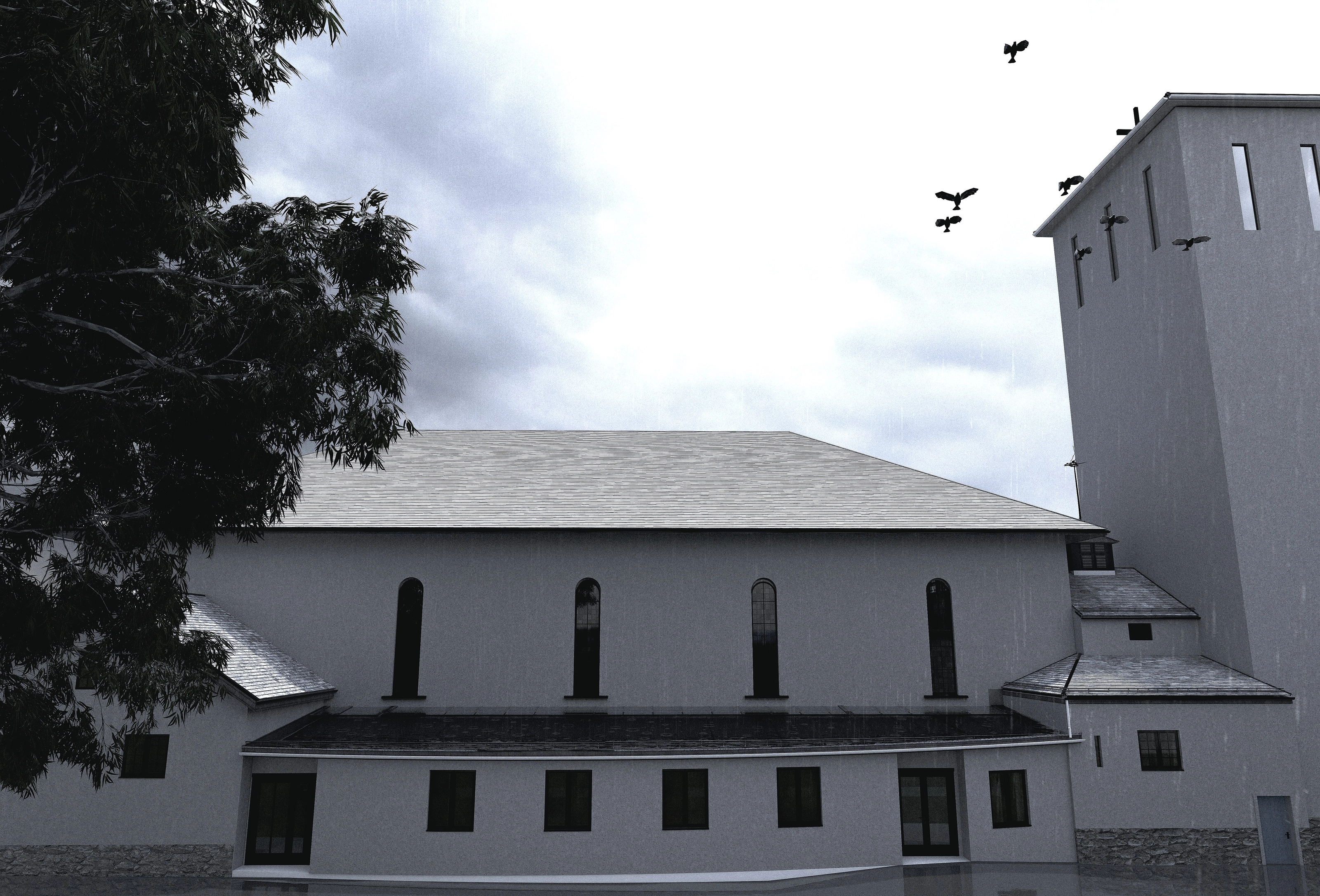 Exterior rendering of the church in rainy weather, desaturated mood, with birds in flight and a tree in front of the façade.