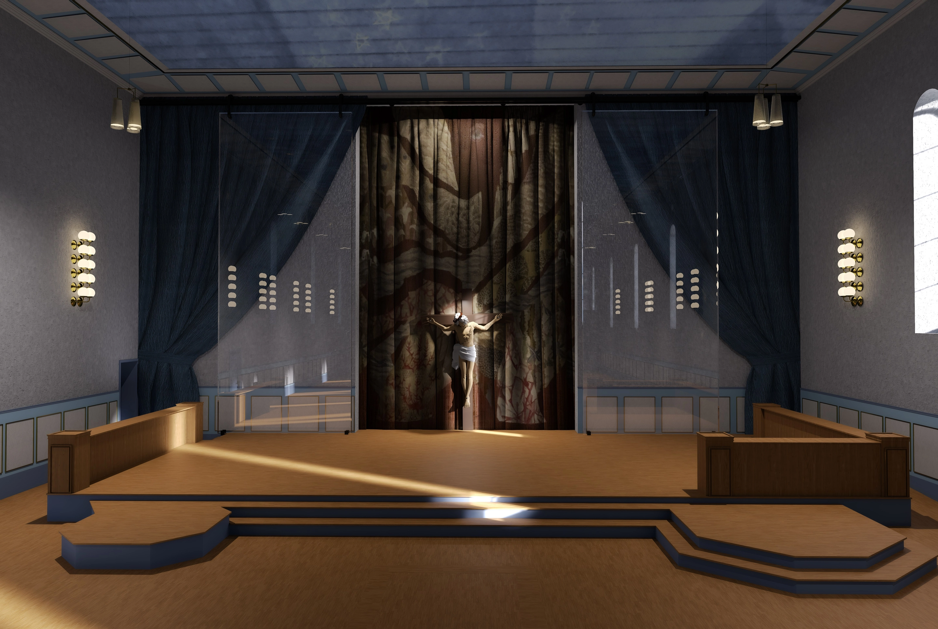 Rendering of the church nave reimagined as a sacred space, with a crucifix behind sheer curtains and soft light from the side windows.