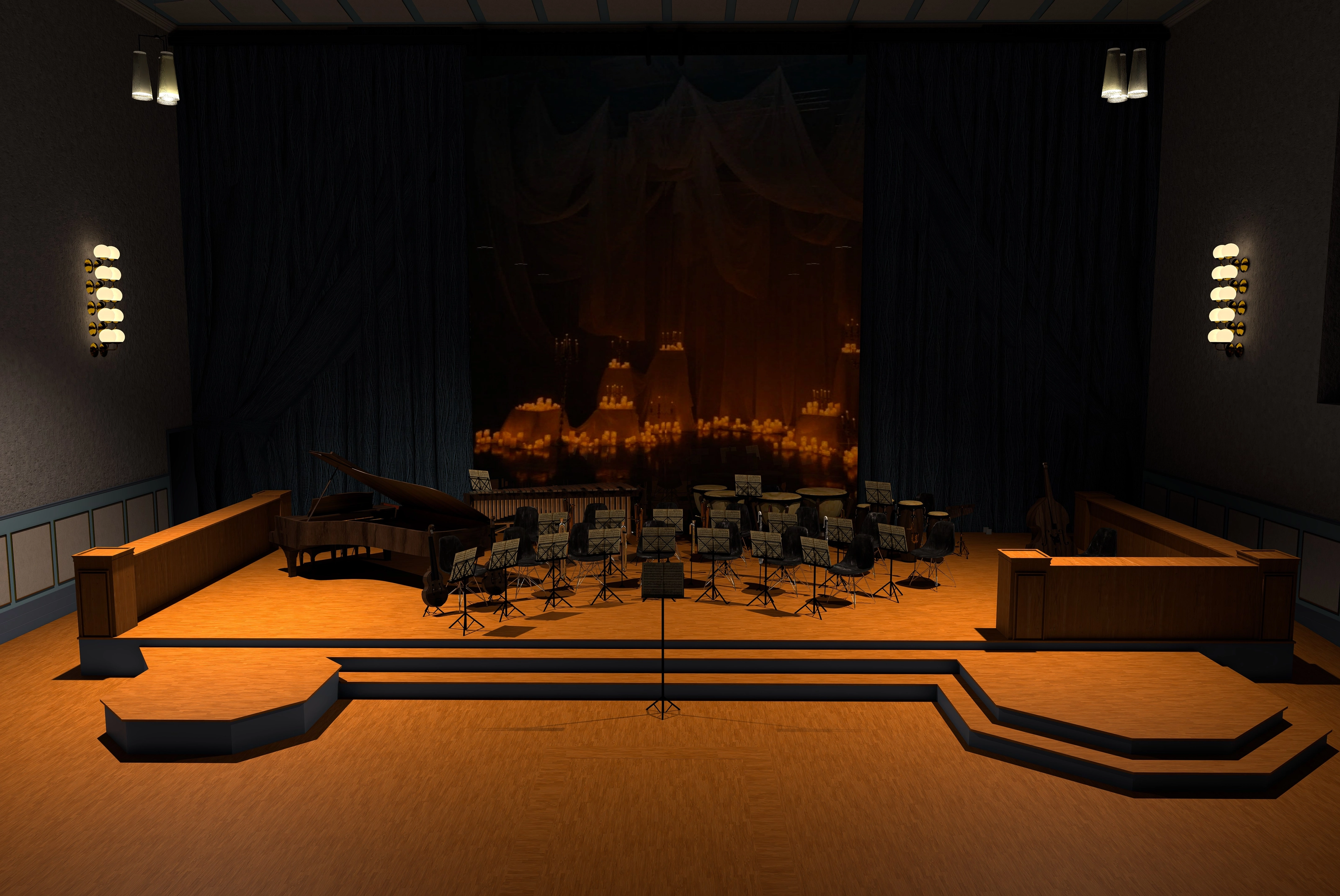 Rendering of the church nave reimagined as a concert stage, with a grand piano, percussion instruments, and candlelight glowing in the background.